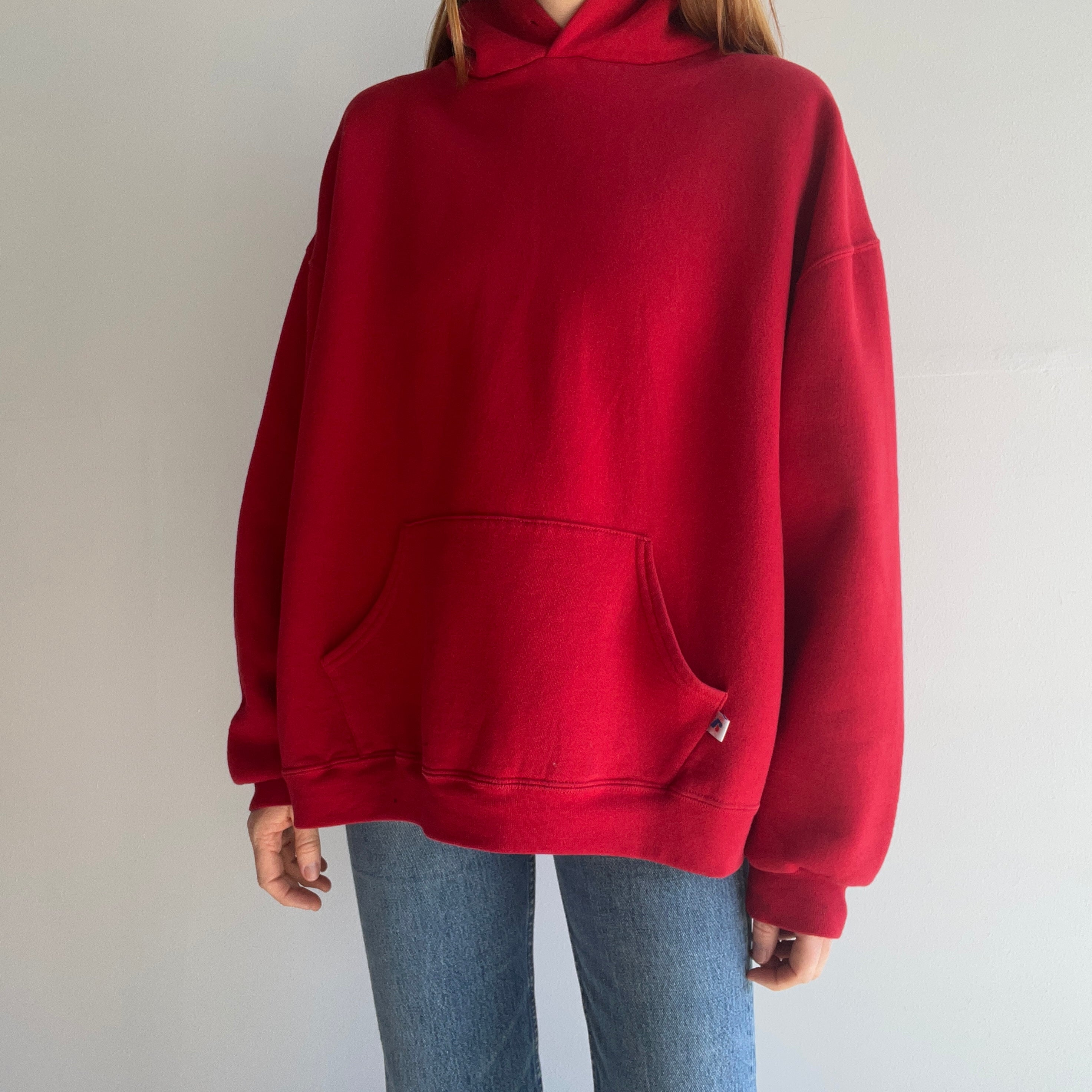 2000 Blank Red Medium Weight Pull Over Hoodie. by Russell