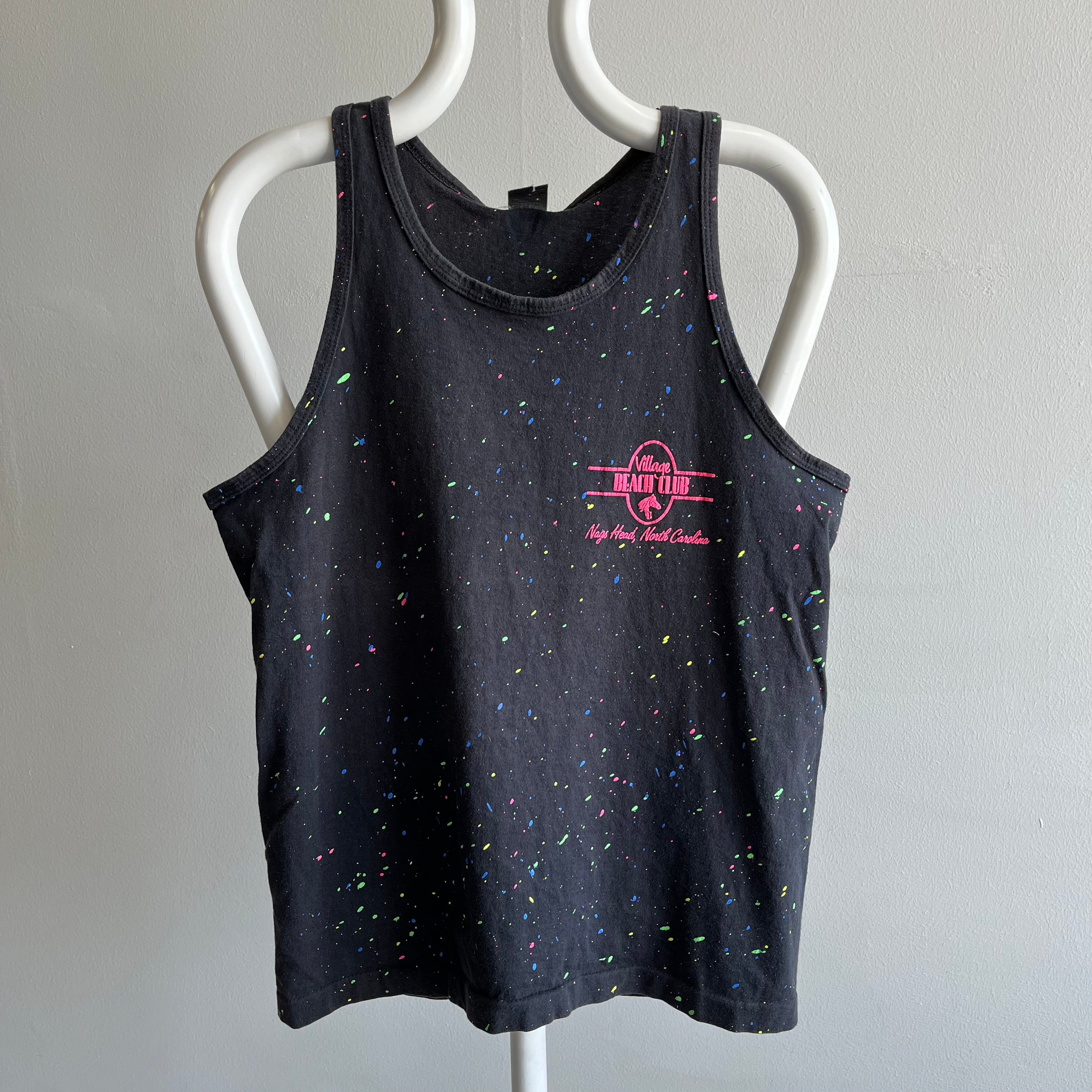 1980s Village Beach Club, Nags Head - North Carolina - Neon Splattered Cotton Tank Top