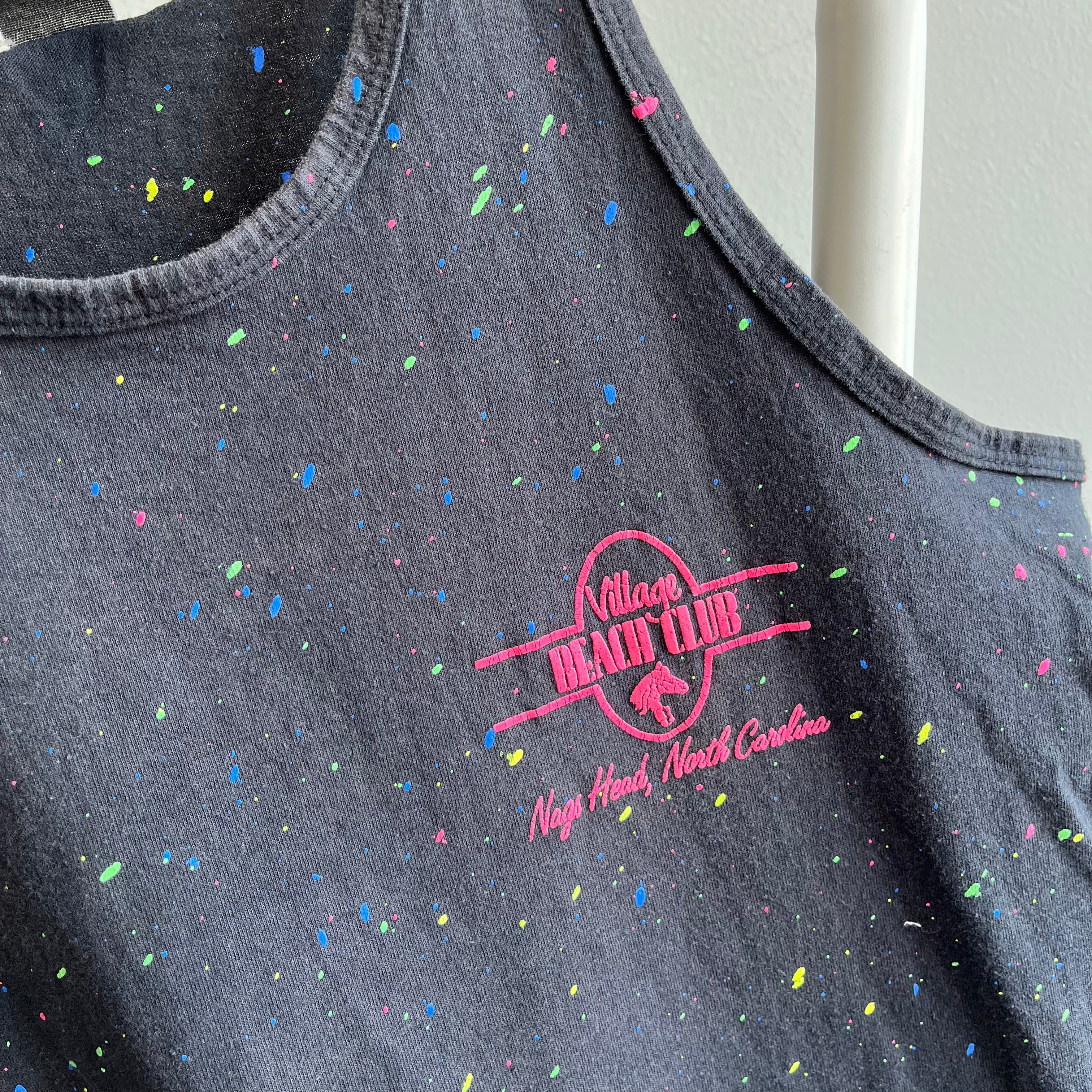 1980s Village Beach Club, Nags Head - North Carolina - Neon Splattered Cotton Tank Top