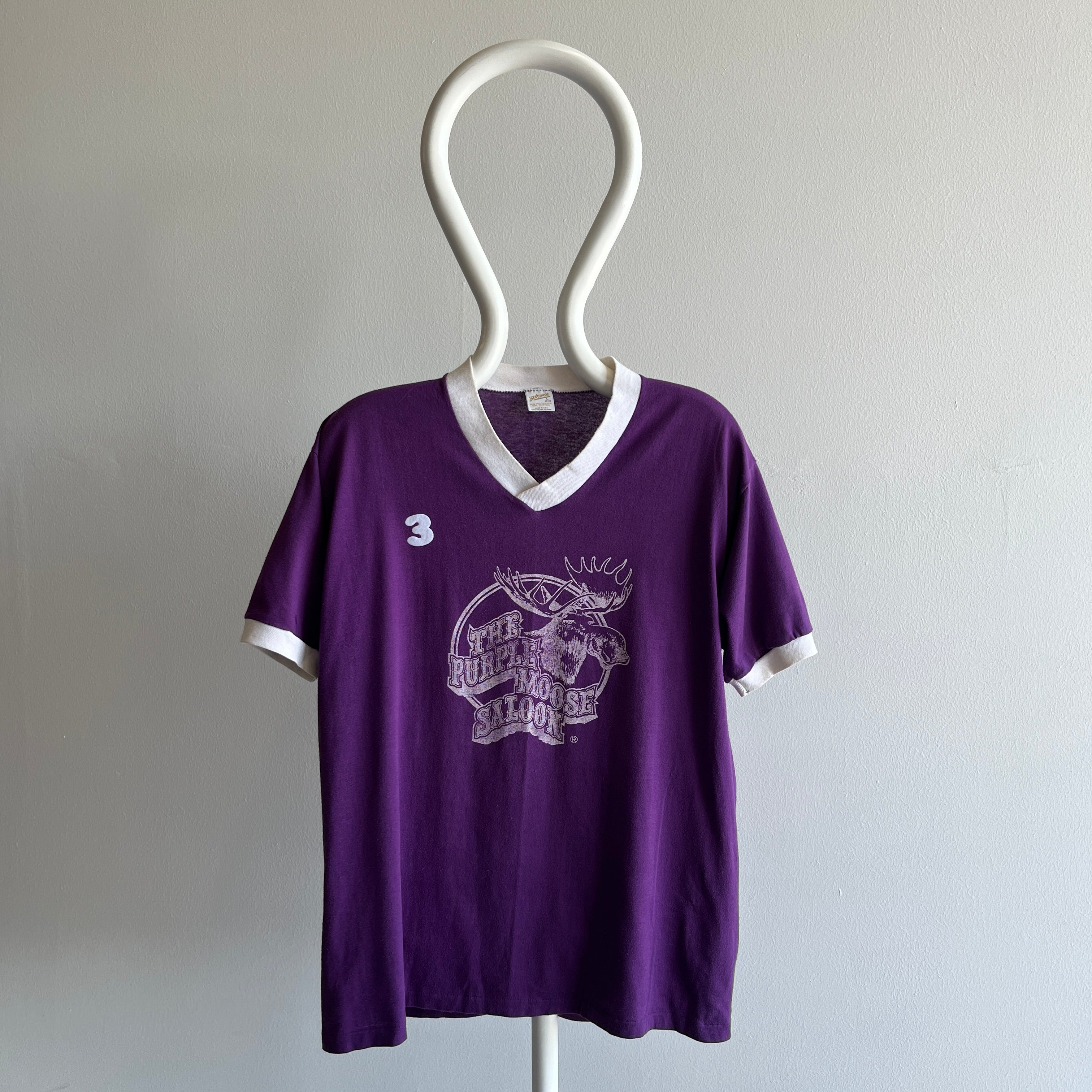 1970s The Purple Moose Saloon Front and Back No 3 Ring V Neck by Sportswear