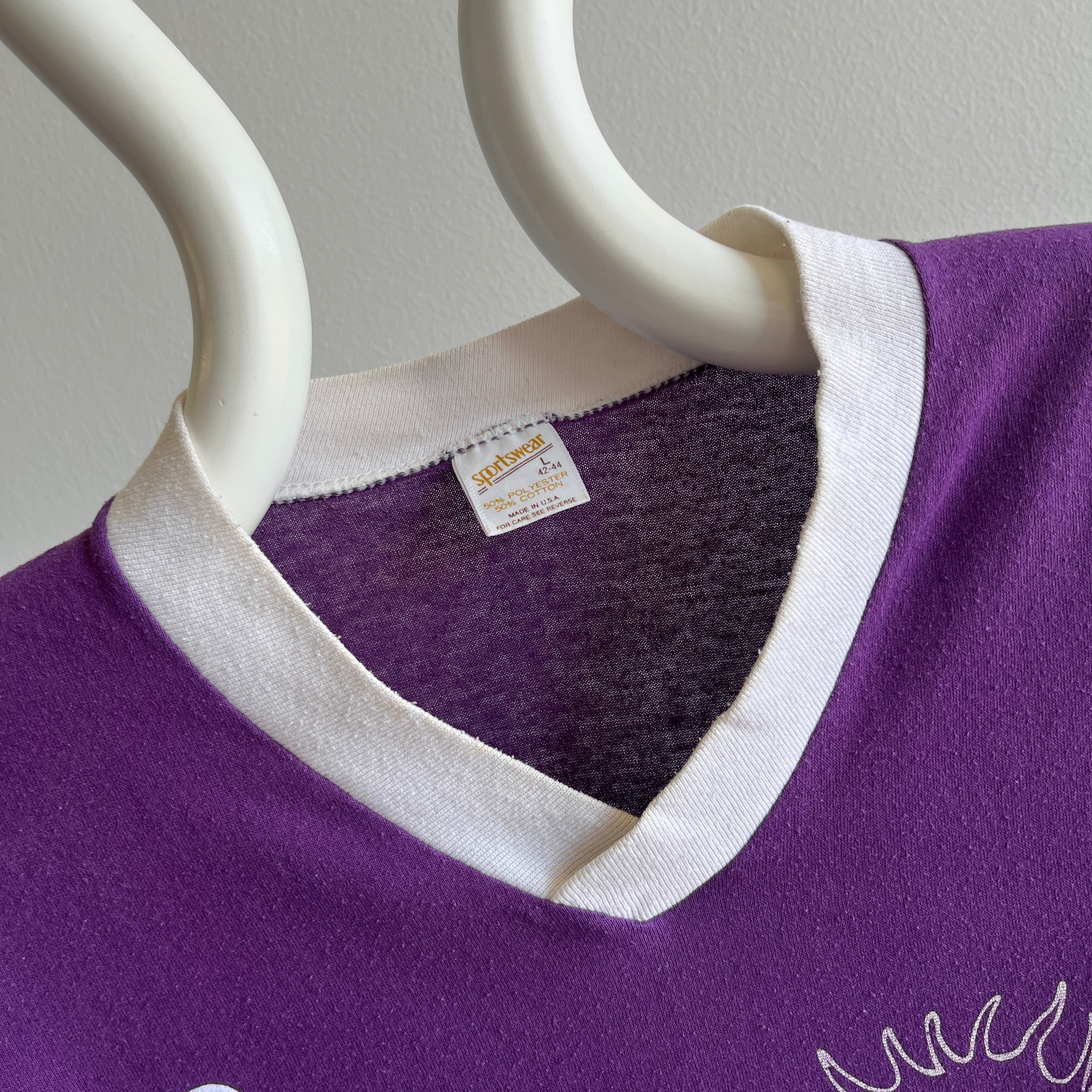 1970s The Purple Moose Saloon Front and Back No 3 Ring V Neck by Sportswear