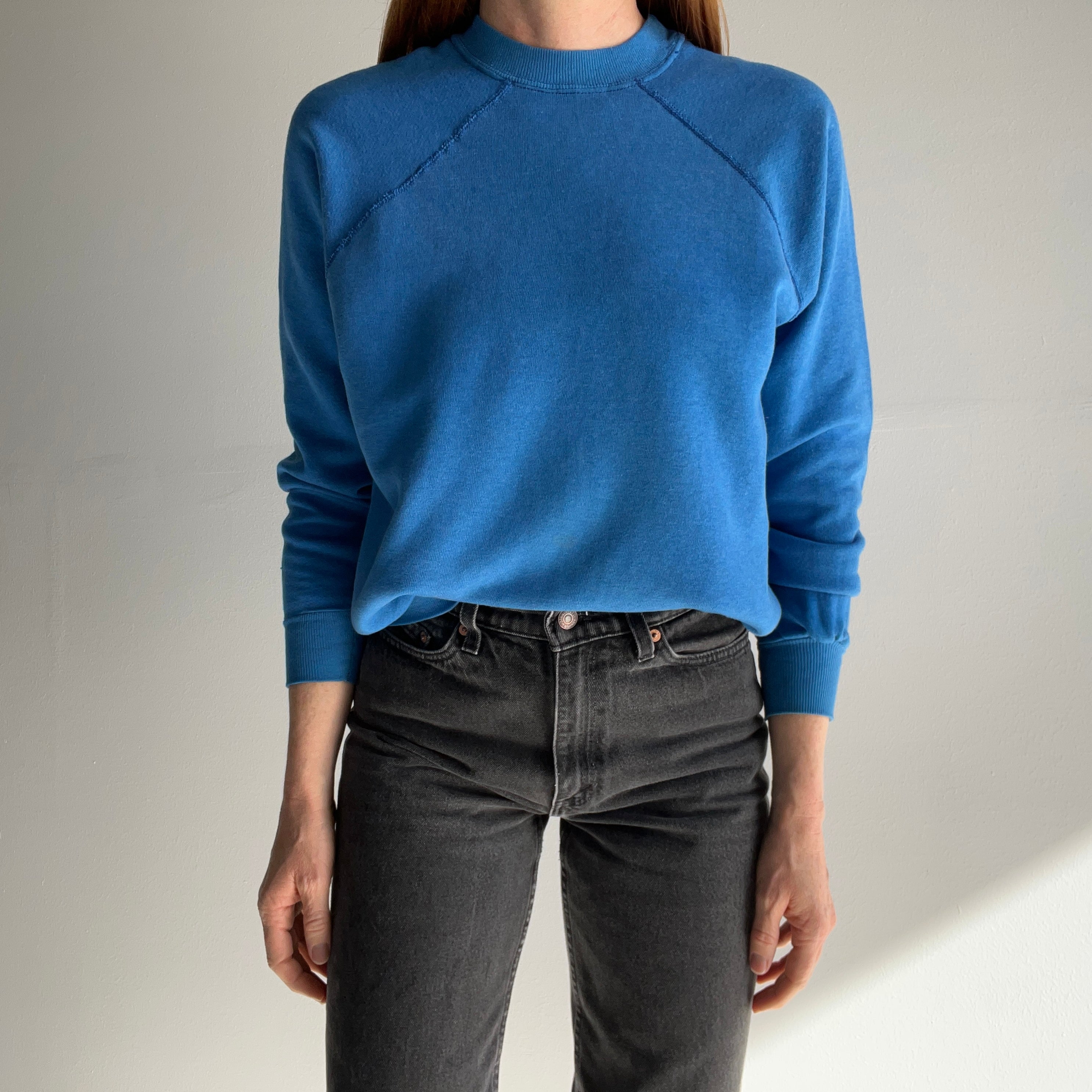 1980s American Fleecewear Soft and Cozy Faded Blue Raglan