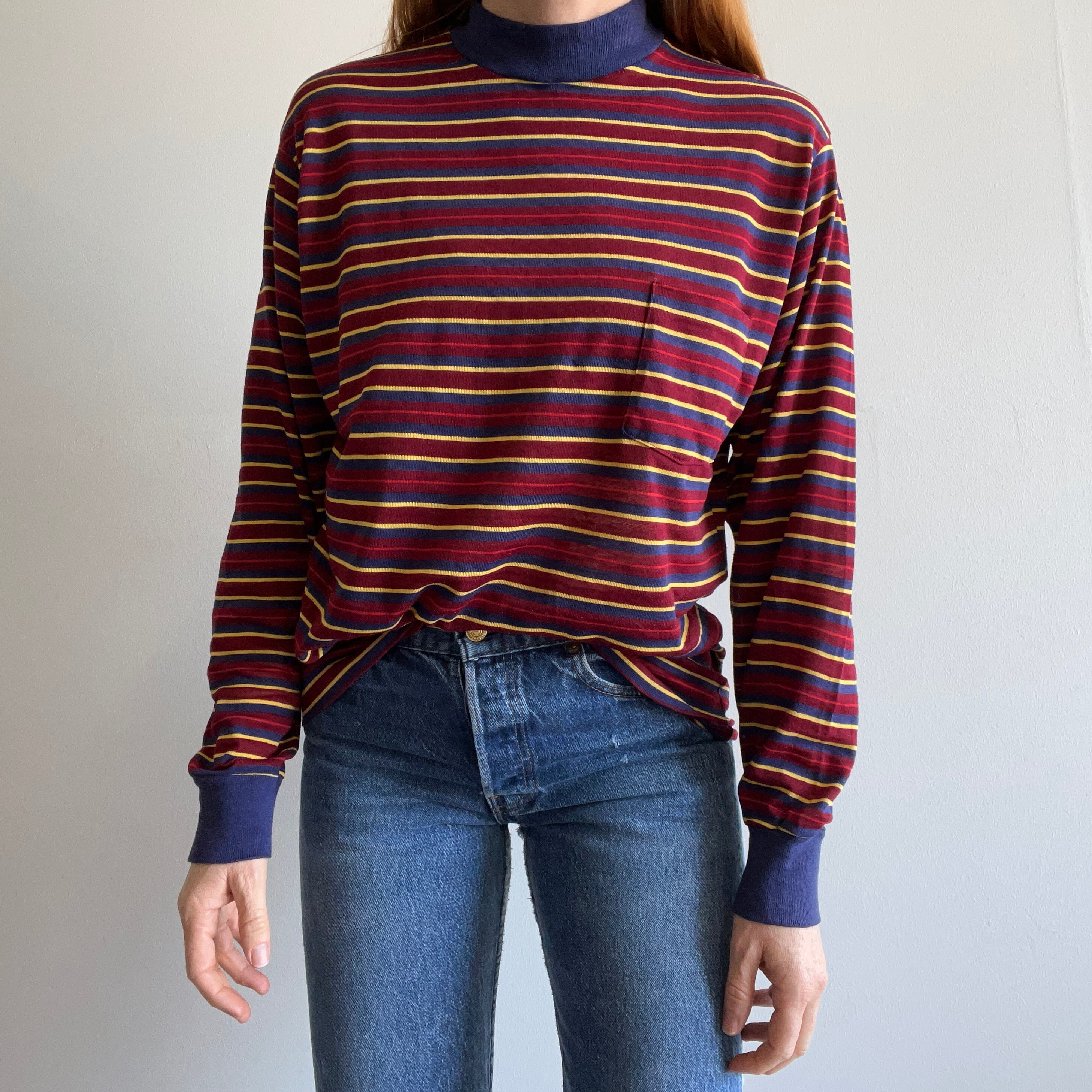 1970s Soft, Thin, Mended, Striped, Pocket Slouchy Long Sleeve Shirt