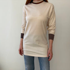 1970s Natural White Extra Long Long Sleeve T-Shirt with Contrasting Collar and Cuffs