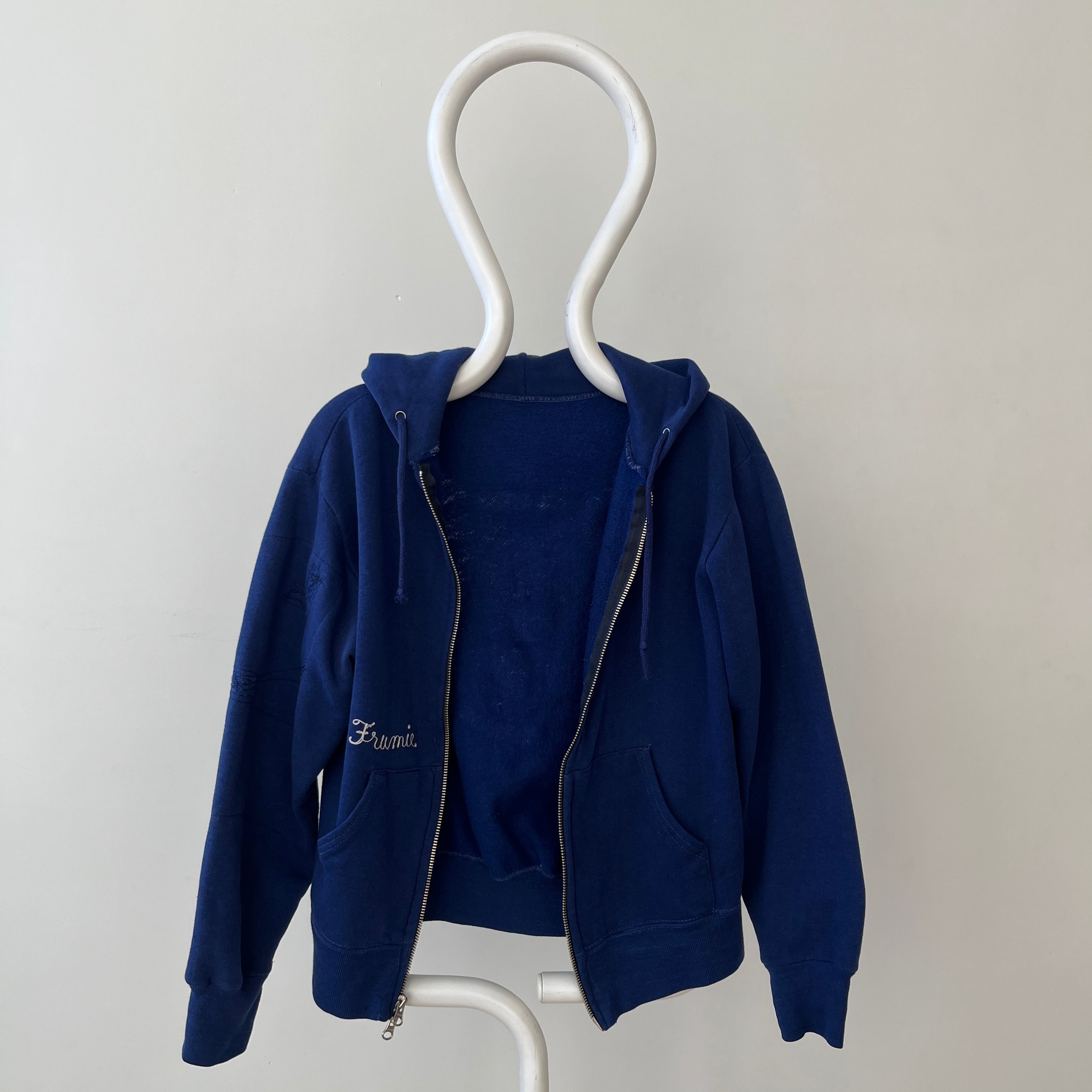 1970s Navy Blue Repaired Beth Rivkah Zip Up Hoodie