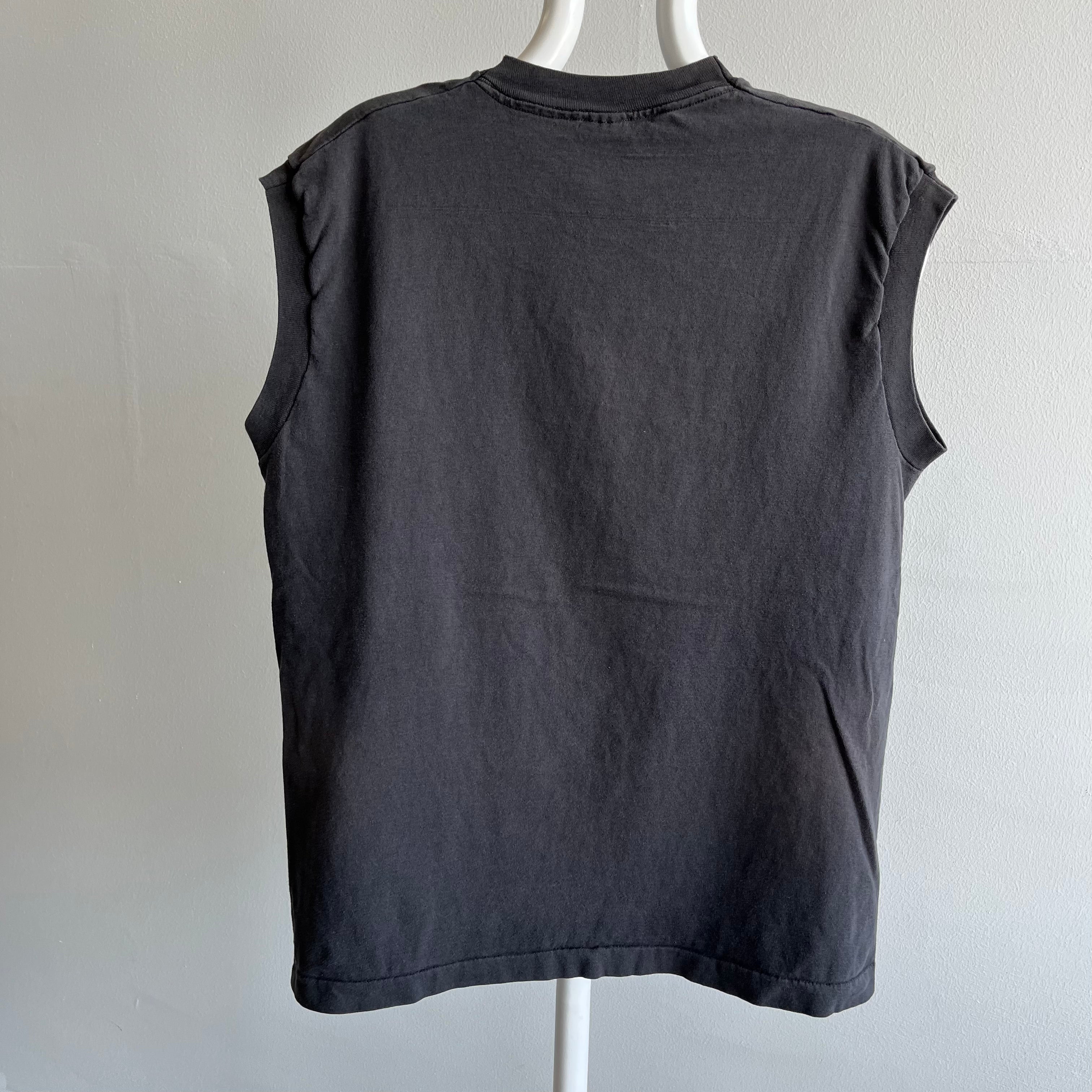 1980s Faded Black Medium Weight Cotton Muscle Tank