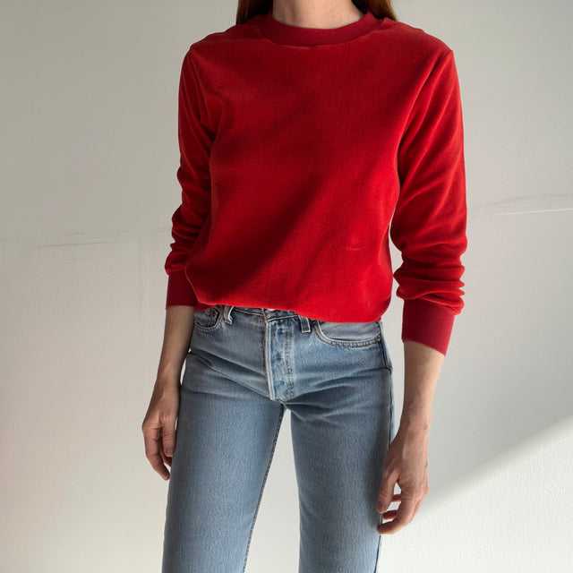 1970s Rusty Red Orange Velour Sweatshirt - WOWZA