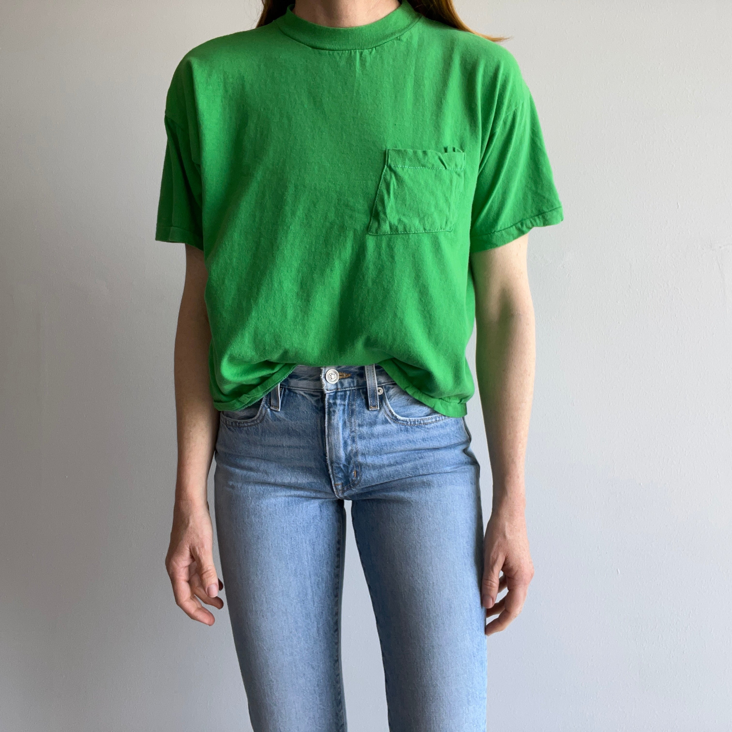 1980s The Slouchiest Kelly Green Pocket Tee Ever Made In The 80s, Maybe