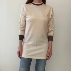 1970s Natural White Extra Long Long Sleeve T-Shirt with Contrasting Collar and Cuffs