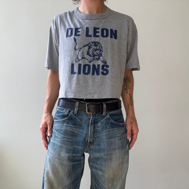 1990s Heather Grey De Leon Lions Cropped Russell T Shirt