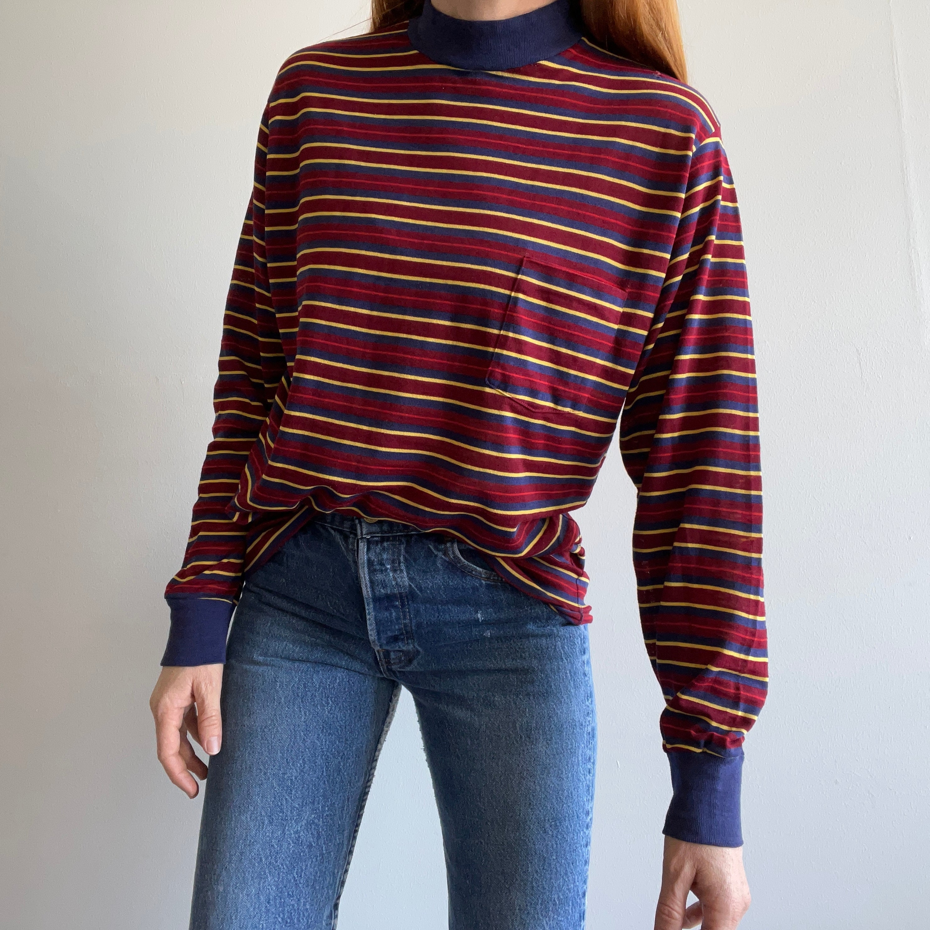 1970s Soft, Thin, Mended, Striped, Pocket Slouchy Long Sleeve Shirt – Red  Vintage Co