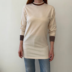 1970s Natural White Extra Long Long Sleeve T-Shirt with Contrasting Collar and Cuffs