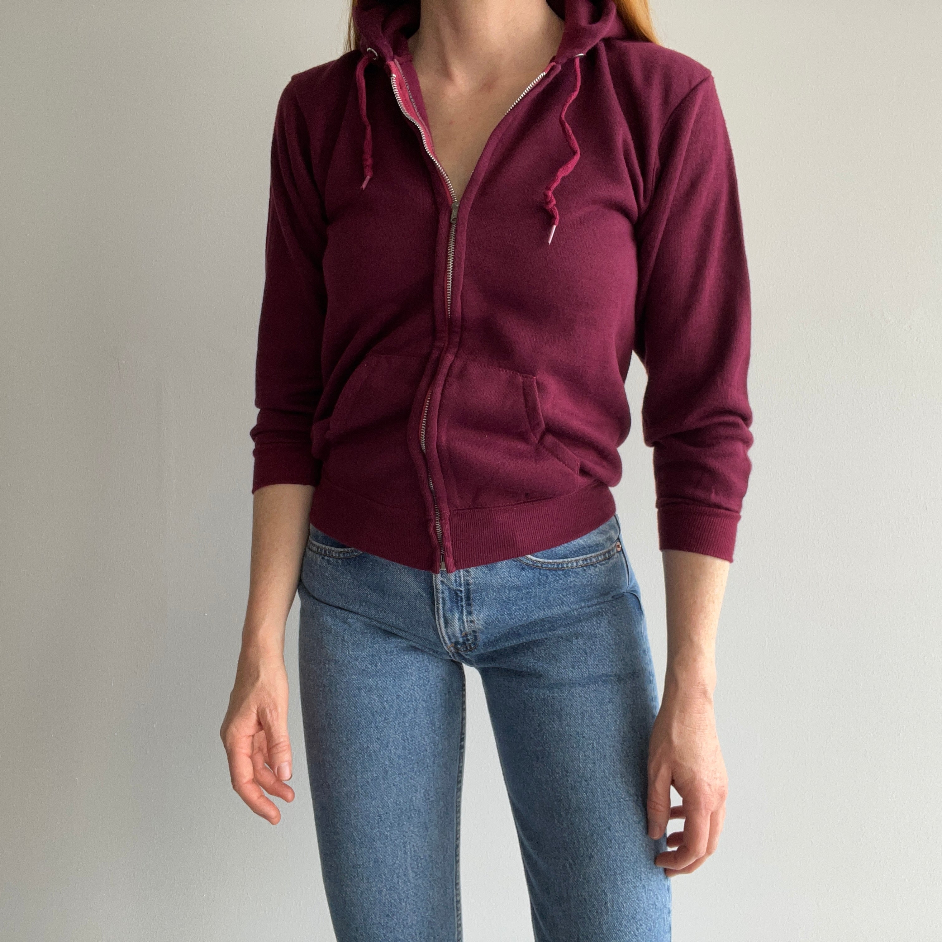 1970s Never Worn XS Burgundy Selvedge Pocket Zip Up Hoodie