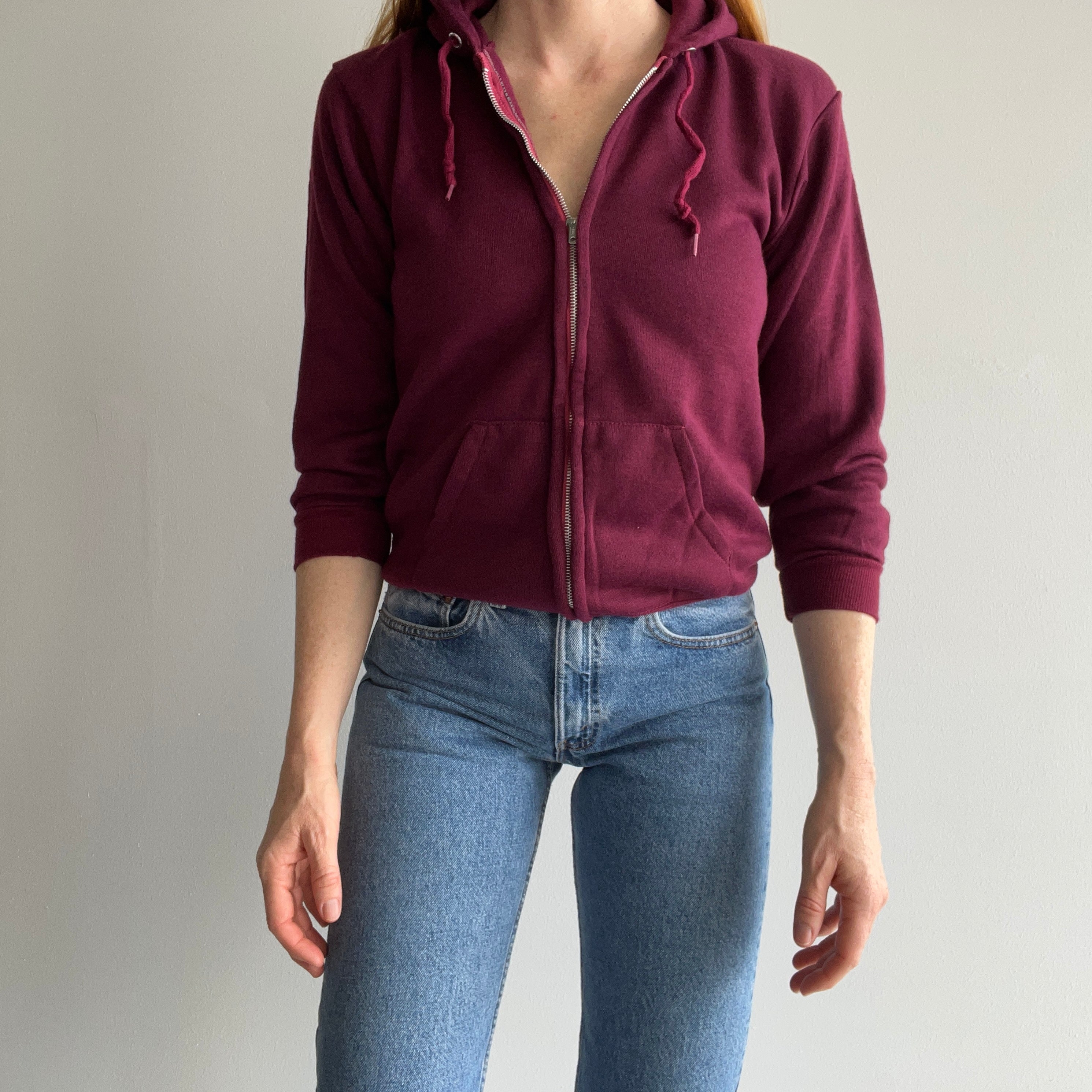 1970s Never Worn XS Burgundy Selvedge Pocket Zip Up Hoodie