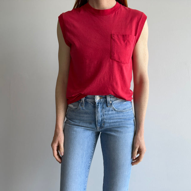 1980s Perfectly Worn Thin and Stained FOTL Faded Red Muscle Tank