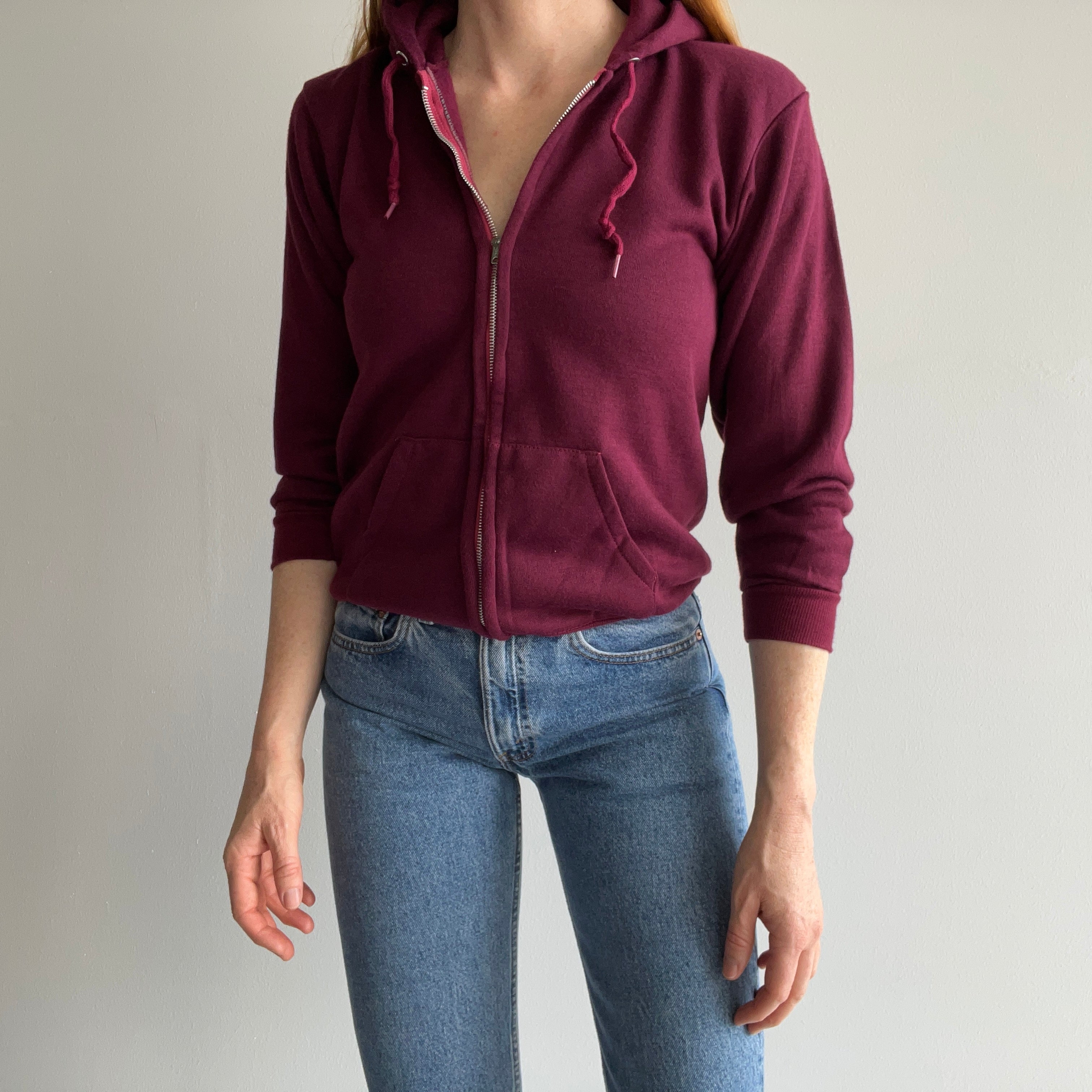 1970s Never Worn XS Burgundy Selvedge Pocket Zip Up Hoodie