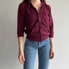 1970s Never Worn XS Burgundy Selvedge Pocket Zip Up Hoodie