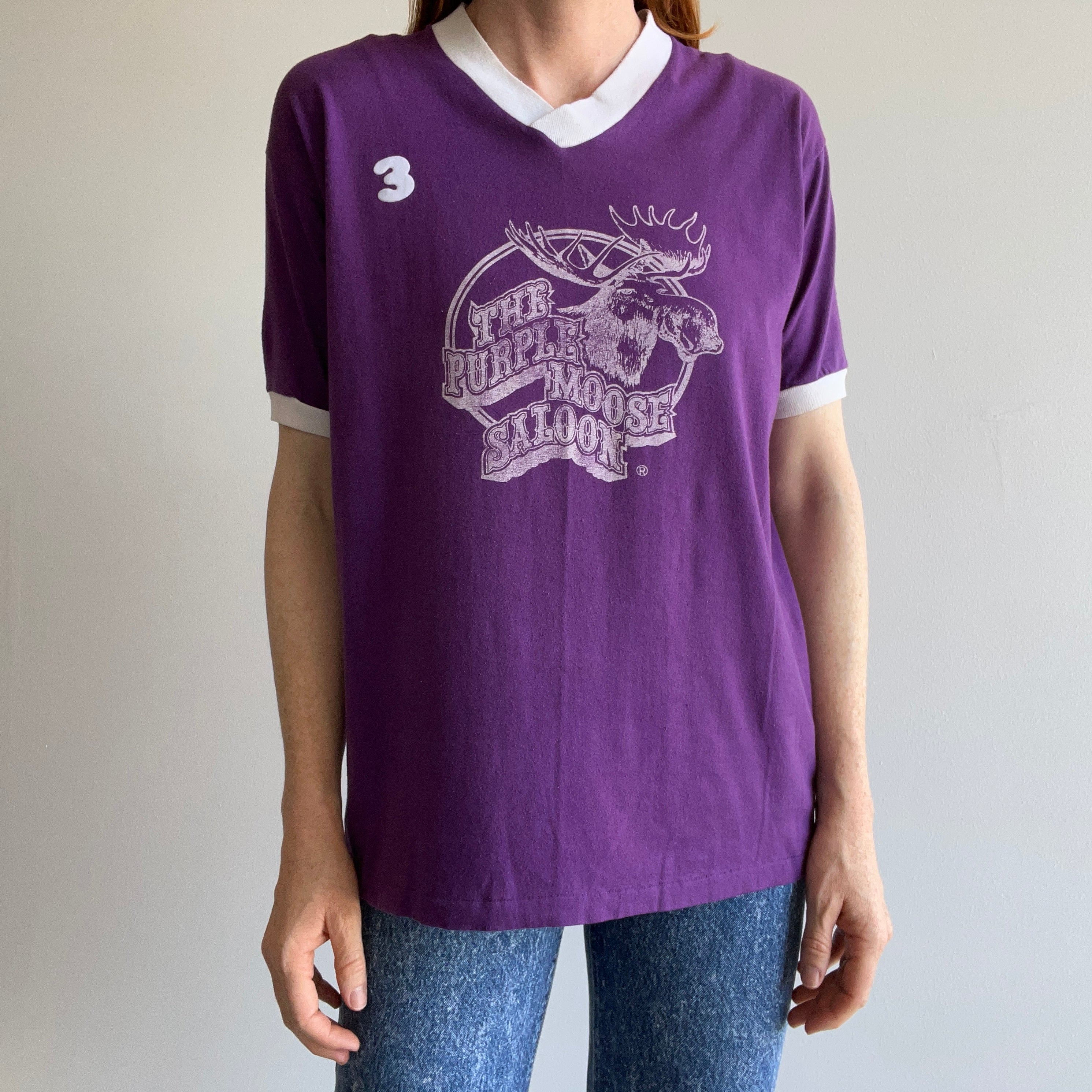 1970s The Purple Moose Saloon Front and Back No 3 Ring V Neck by Sportswear