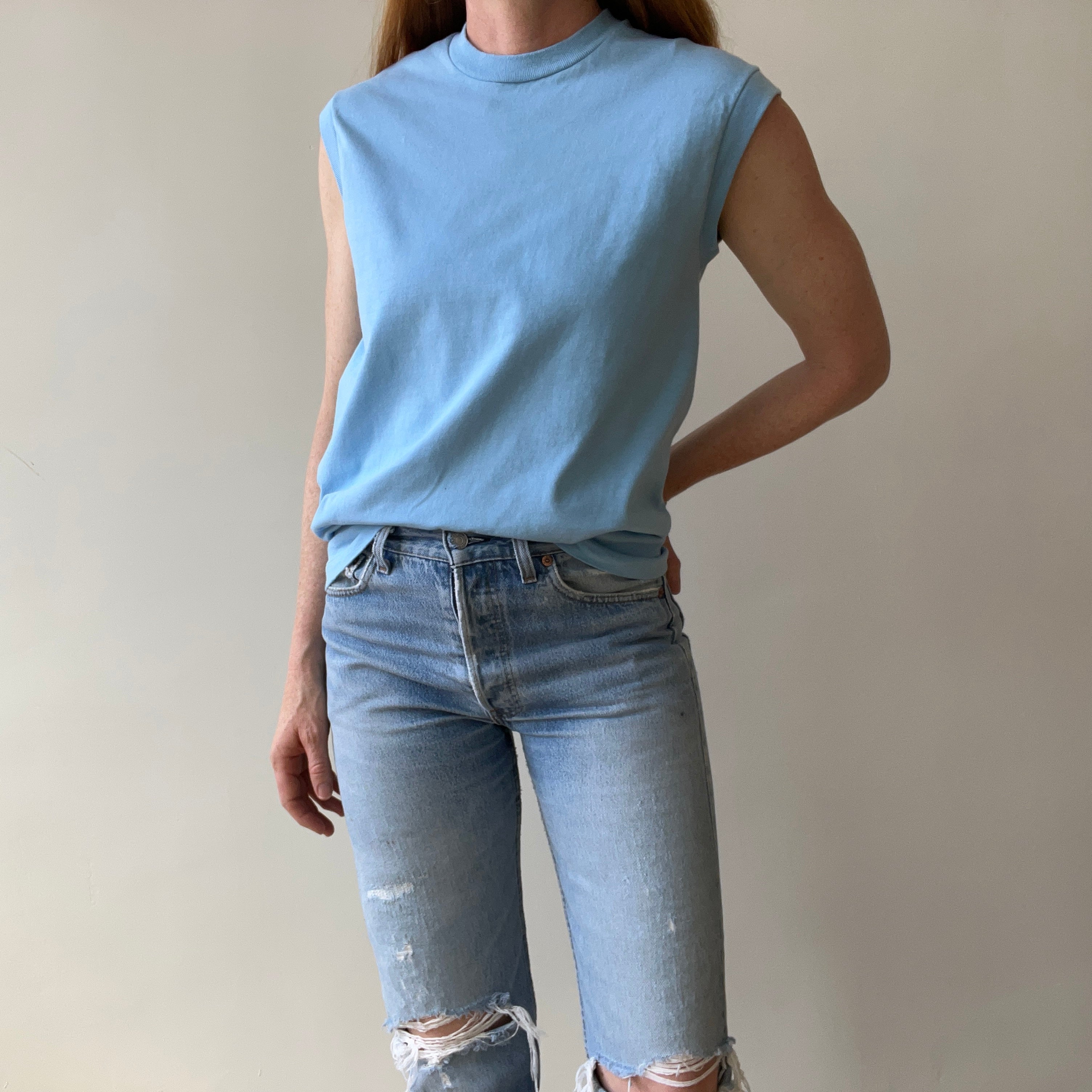 1970s Blank Baby Blue Muscle T-Shirt - Medium Weight
