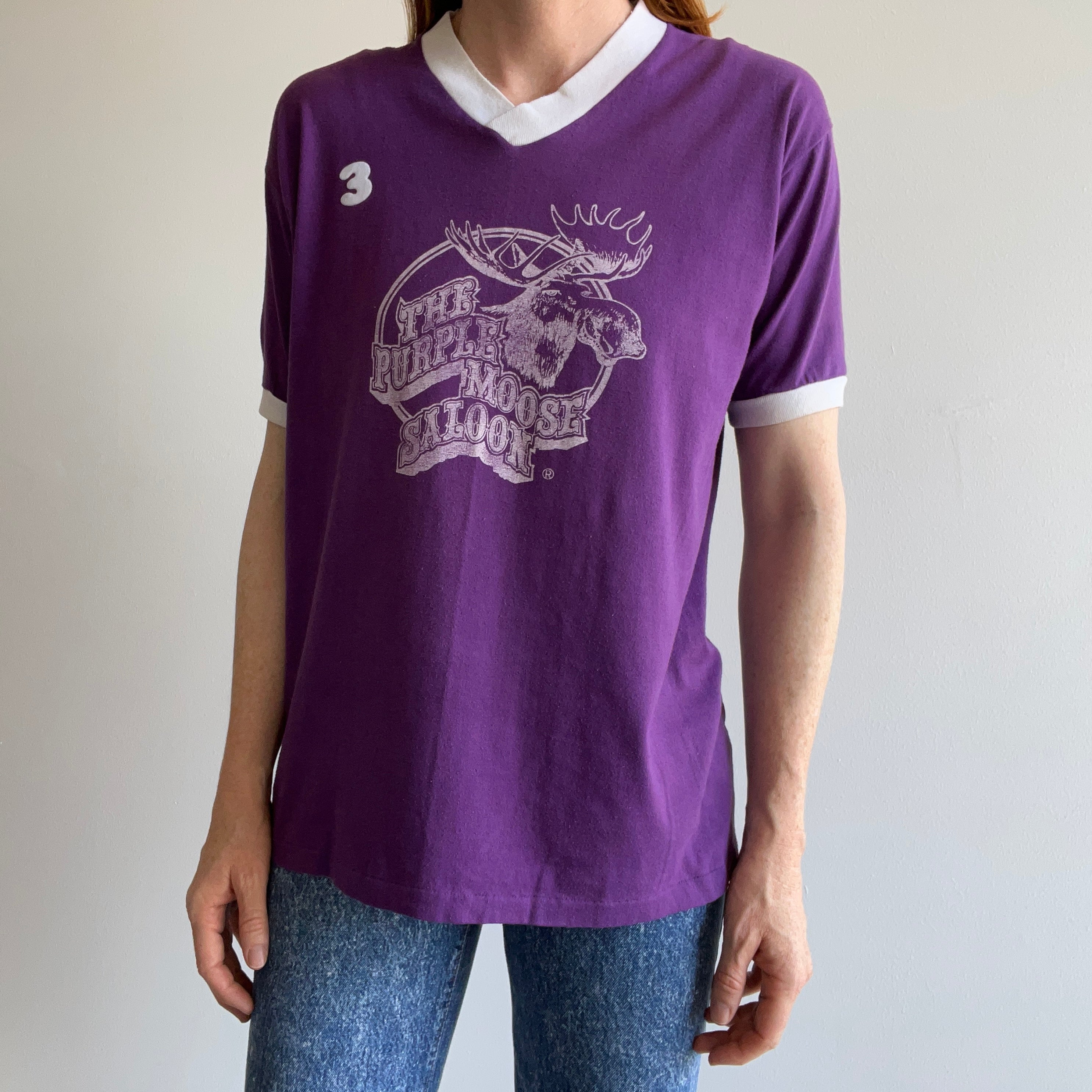 1970s The Purple Moose Saloon Front and Back No 3 Ring V Neck by Sportswear