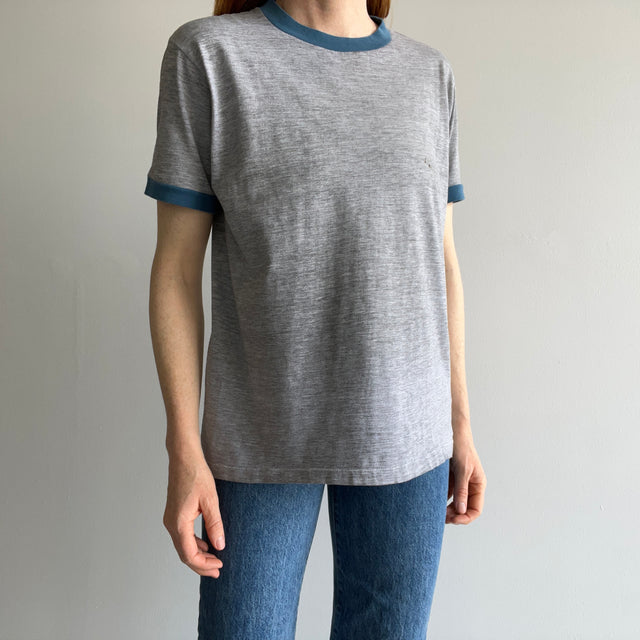 1970/80s Two Tone Gray and Blue Ring T-Shirt (Single Stitch and Worn)