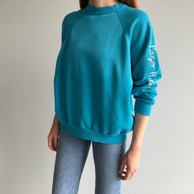 1980s Reworked "Paso Robles" Chain Stitched Thinned Out and Tattered Raglan Sweatshirt