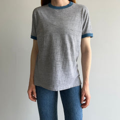 1970/80s Two Tone Gray and Blue Ring T-Shirt (Single Stitch and Worn)