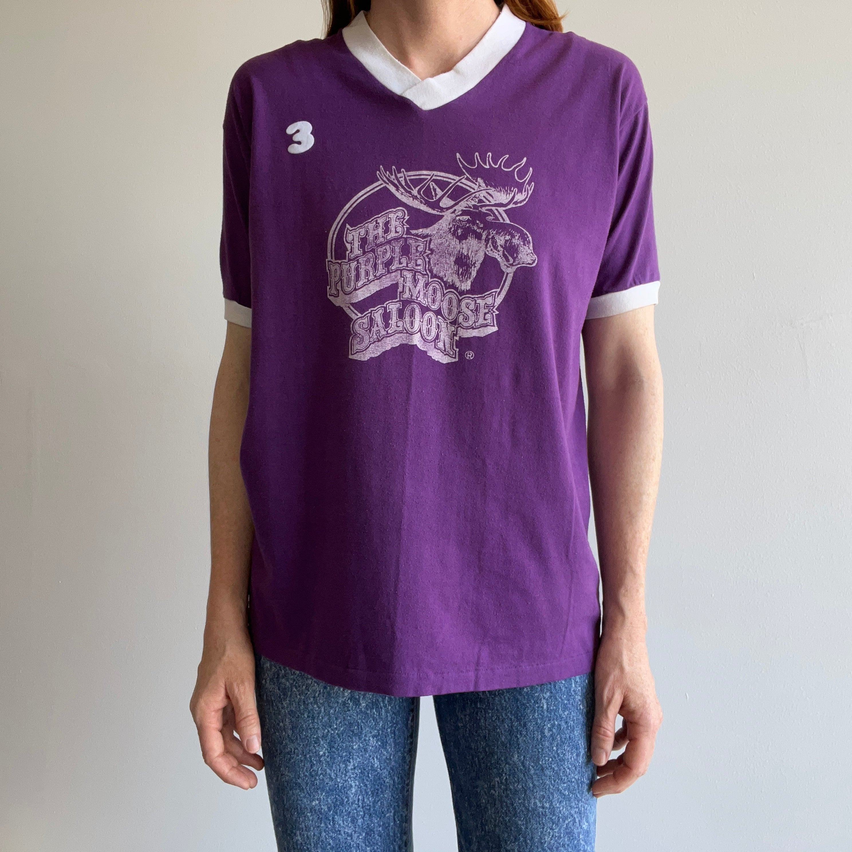 1970s The Purple Moose Saloon Front and Back No 3 Ring V Neck by Sportswear