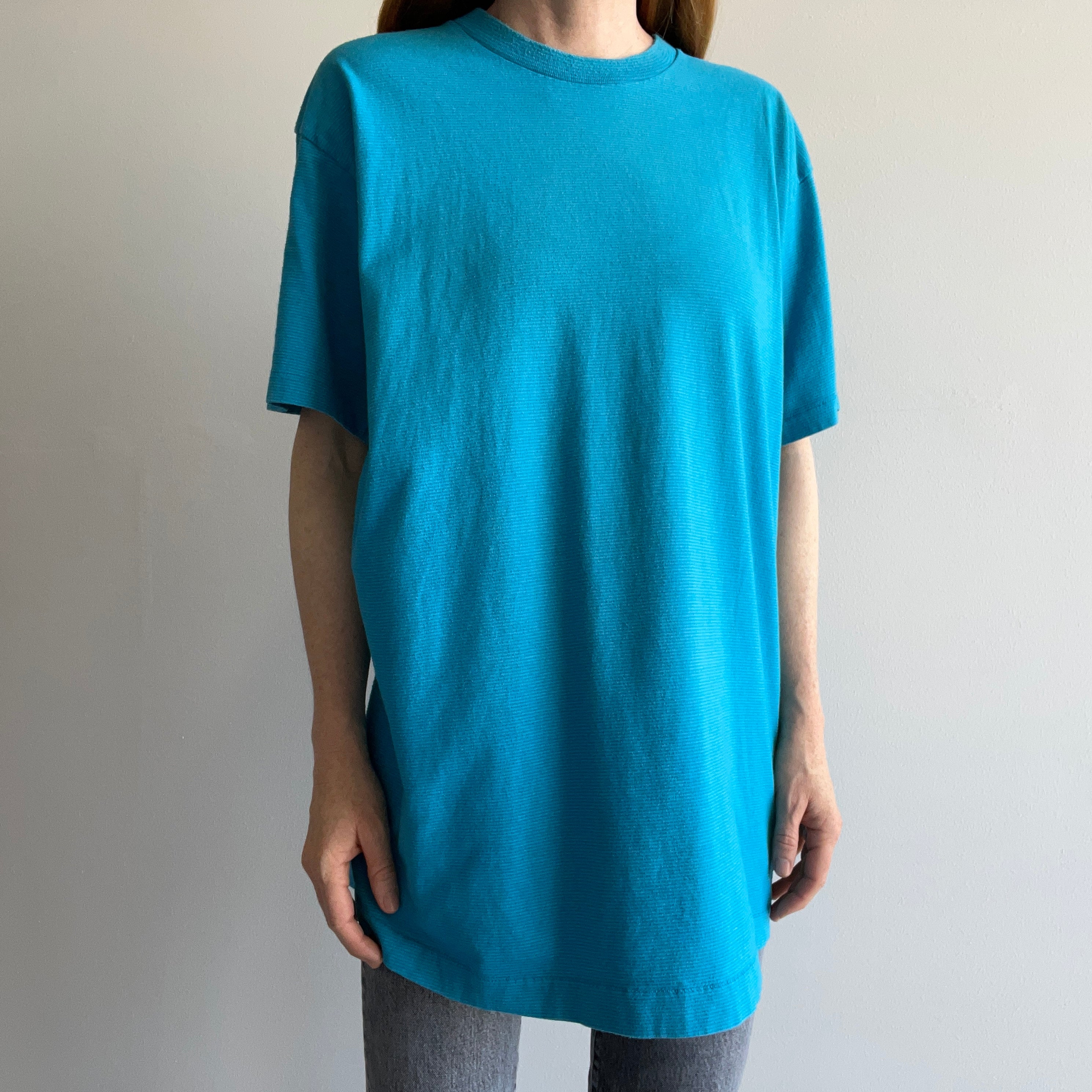 1980/90s Pin Striped Cotton T-Shirt (teal/turquoise/blue)