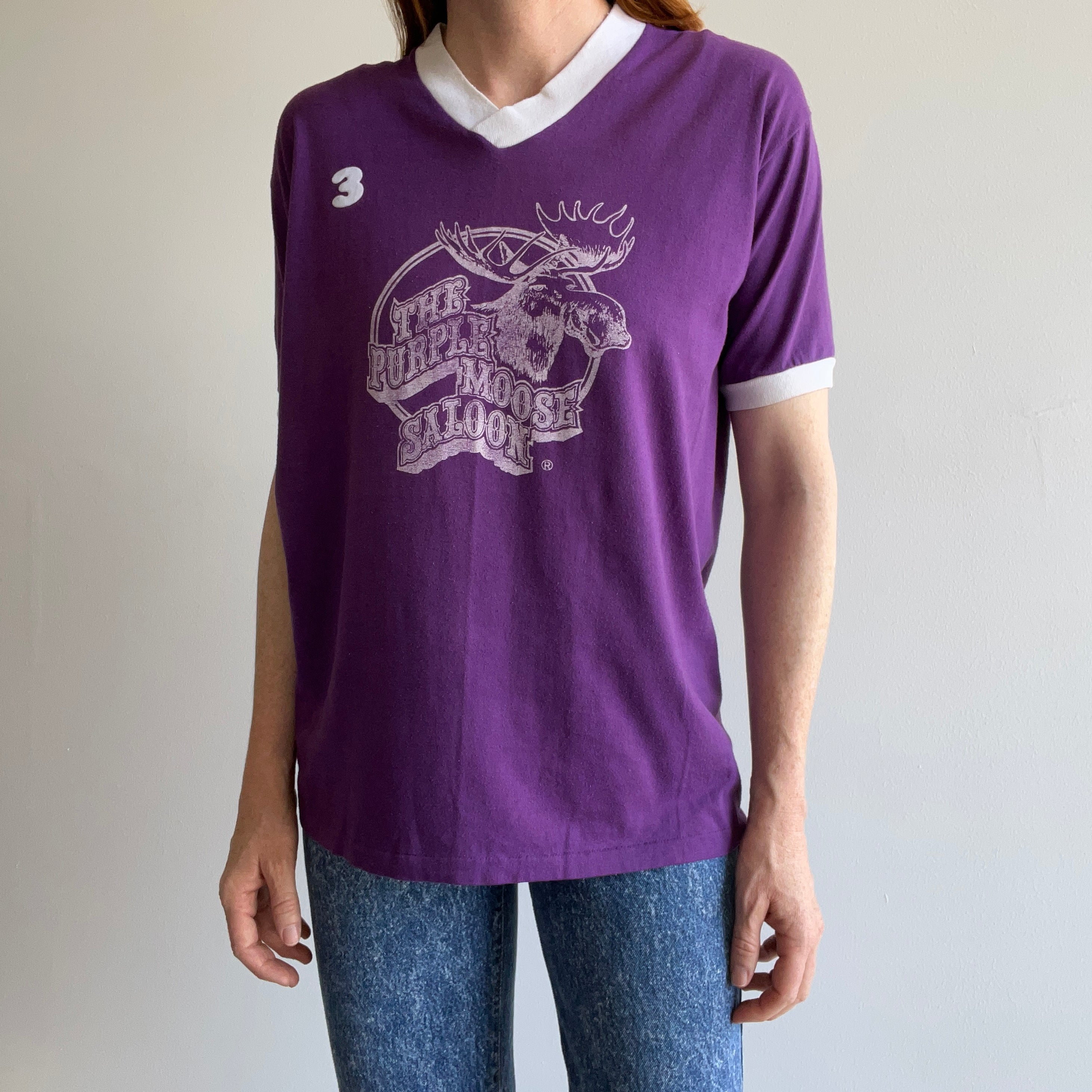 1970s The Purple Moose Saloon Front and Back No 3 Ring V Neck by Sportswear