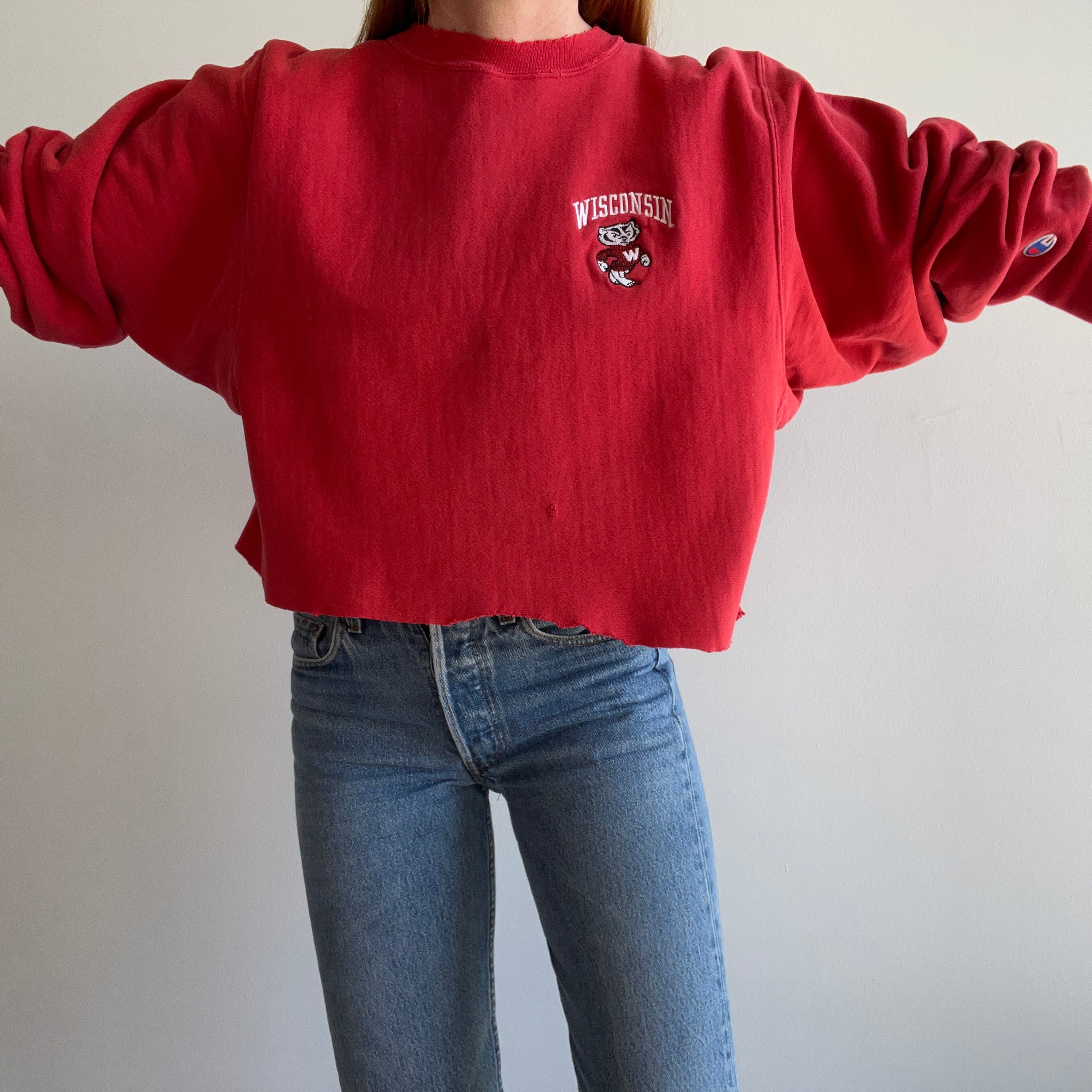 1990s Champion Brand University of Wisconsin Cut and Taken in Reverse Weave Crop