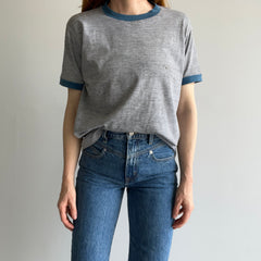 1970/80s Two Tone Gray and Blue Ring T-Shirt (Single Stitch and Worn)