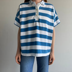 1980s Slouchy and Boxy Blue and White Polo Shirt