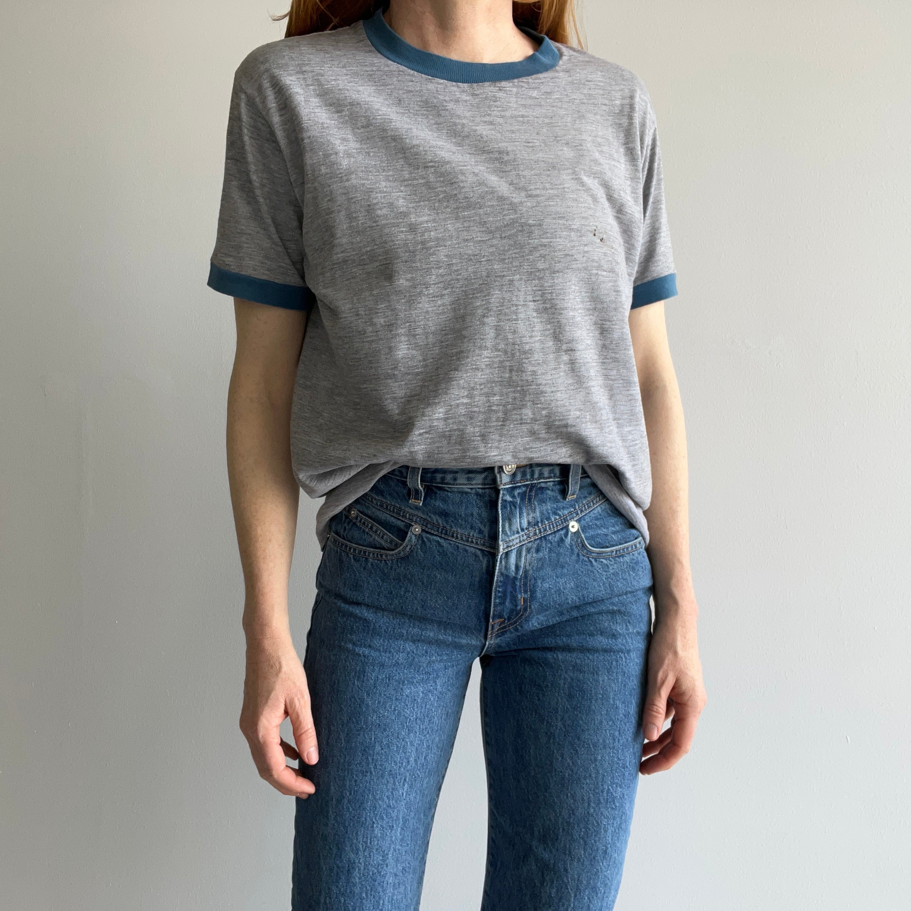 1970/80s Two Tone Gray and Blue Ring T-Shirt (Single Stitch and Worn)