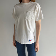 1990s Super Age Stained Blank White Pocket T-Shirt by Russell Athletic