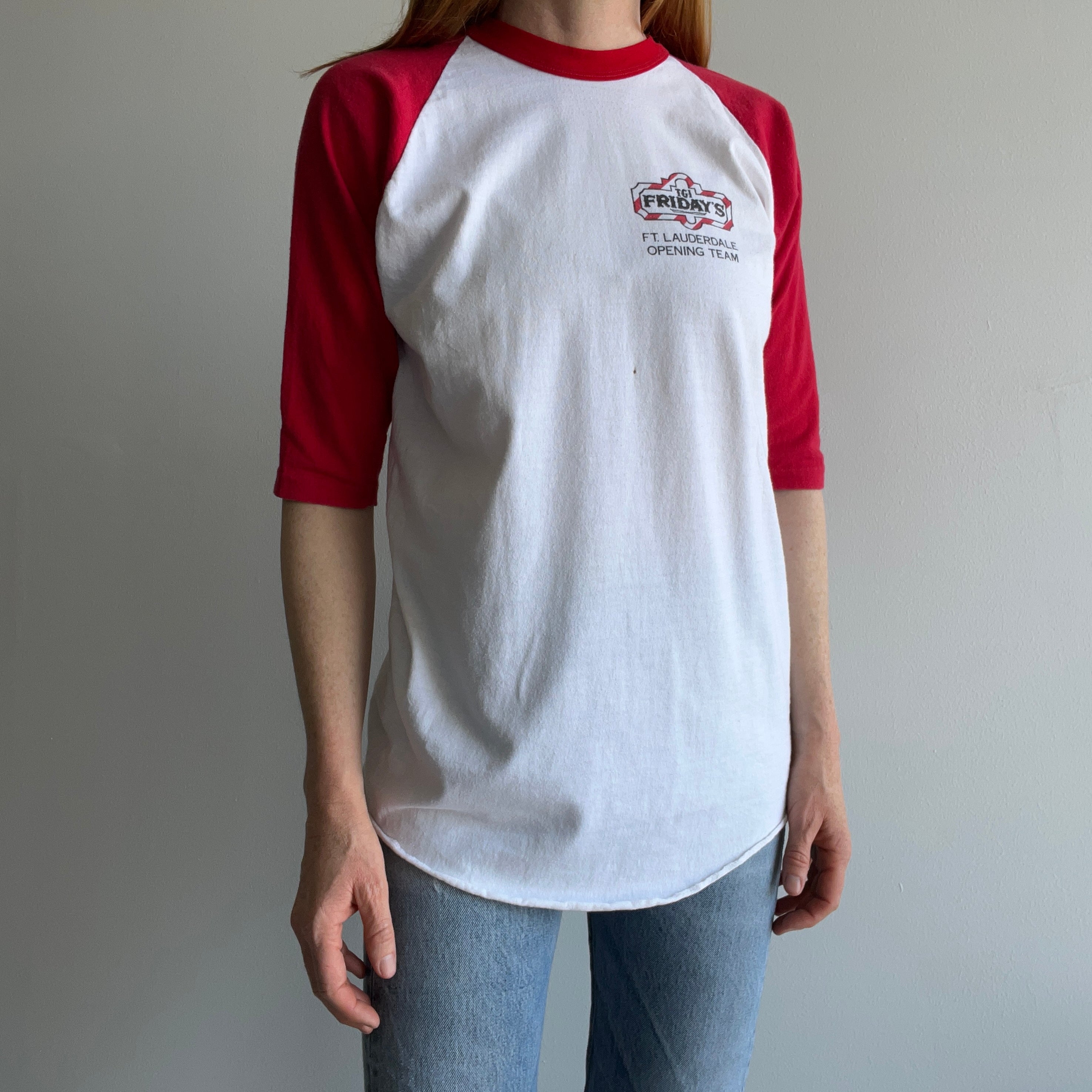 1980s TGIF Fridat\ys Front and Back Baseball T-Shirt