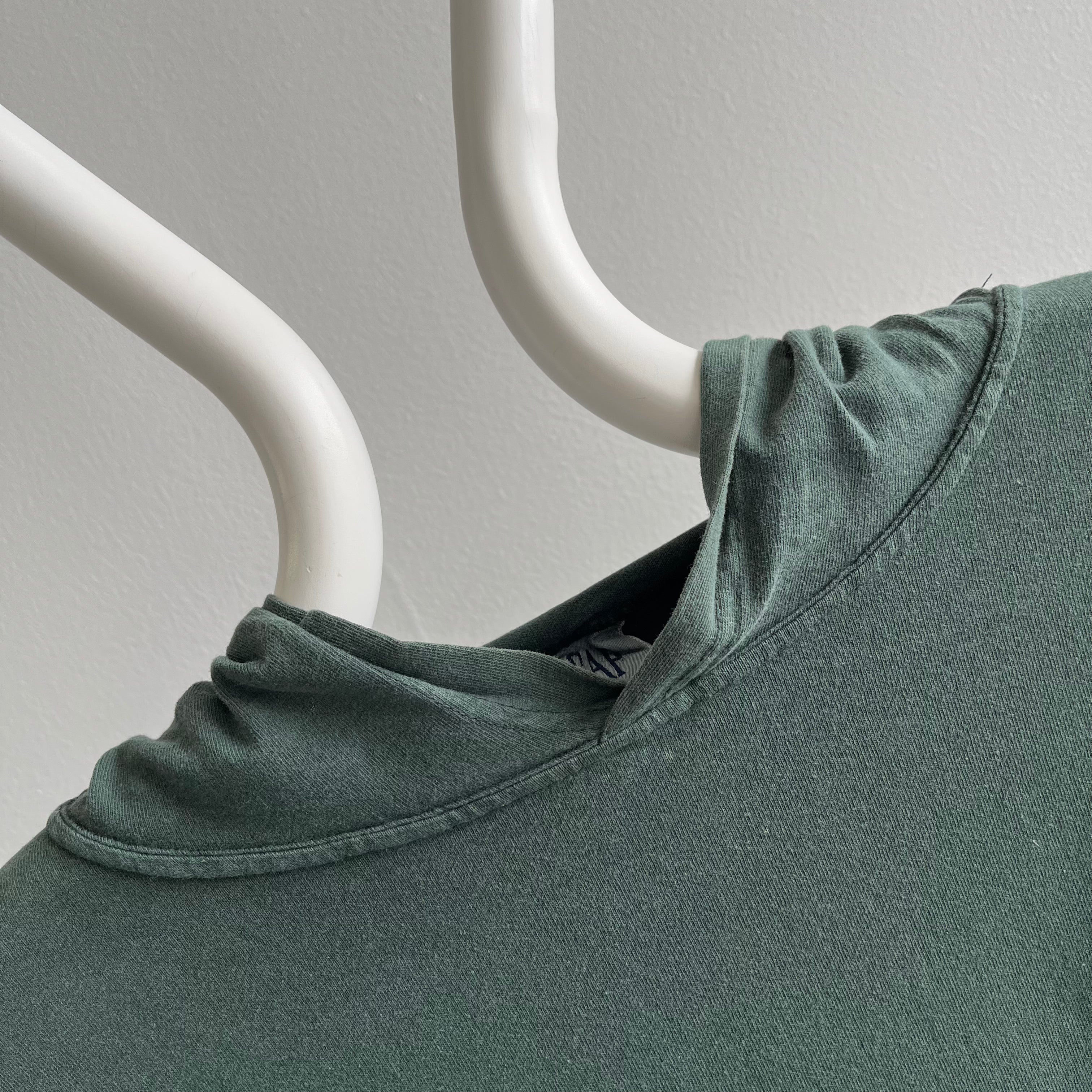 1980s GAP USA Made Blank Forest Green T-Shirt Hoodie with Hole