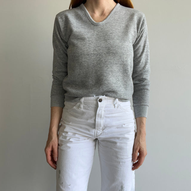 1980s Blank Gray V-Neck Sweatshirt