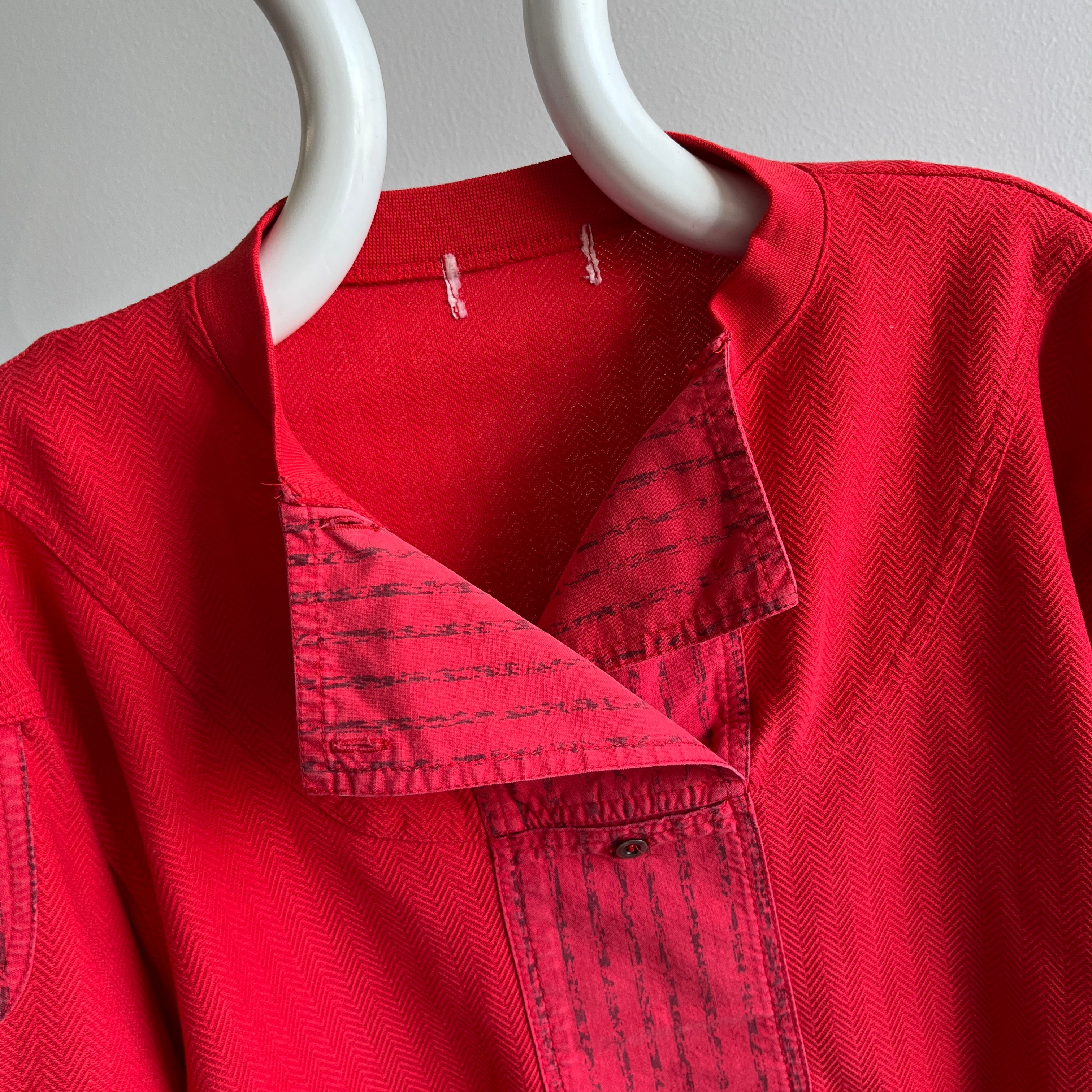 1980s Chevron Striped Double Chested Buttoned Super Cool Red Sweatshirt