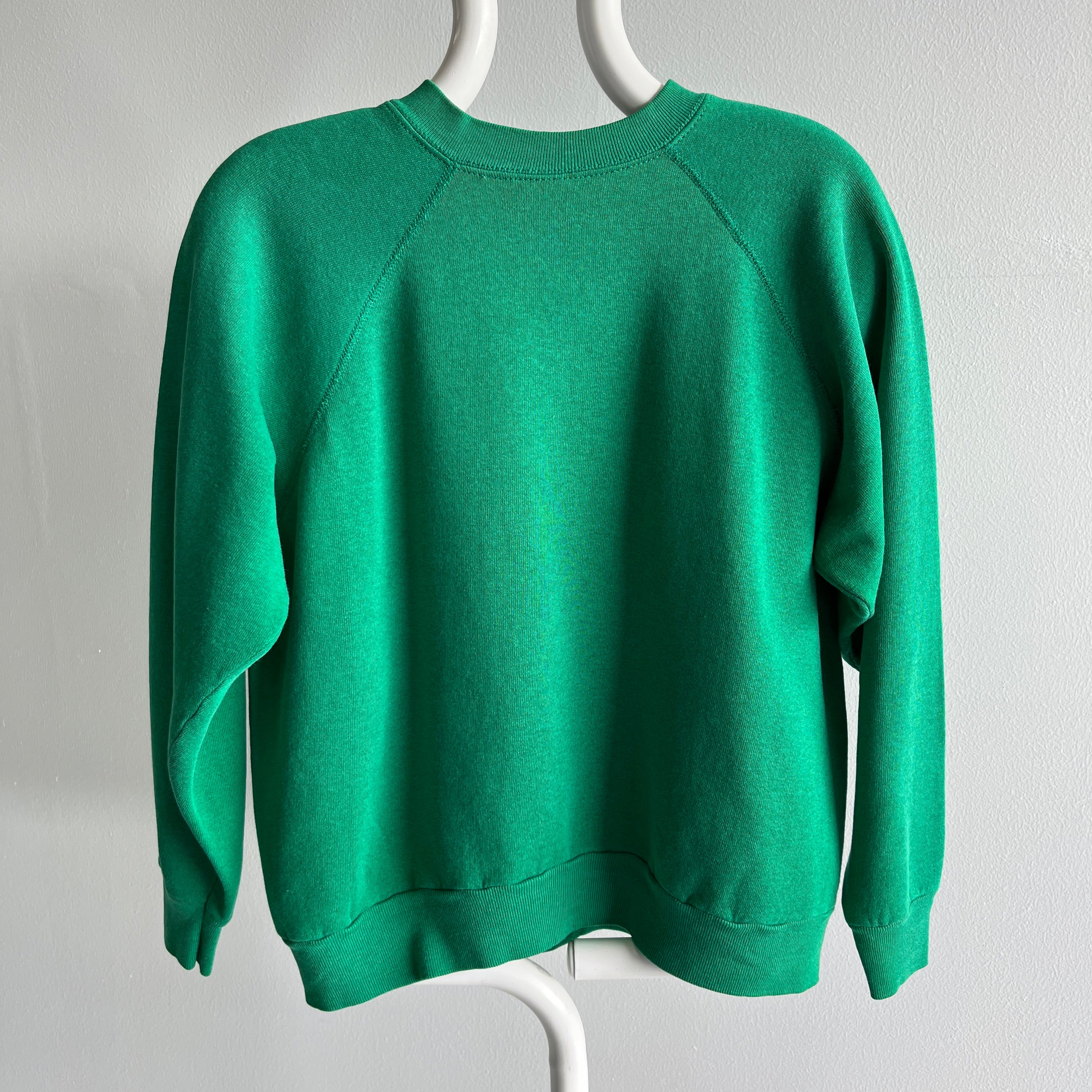 1980s Kelly Green Tultex Raglan with Dark Green Spots.