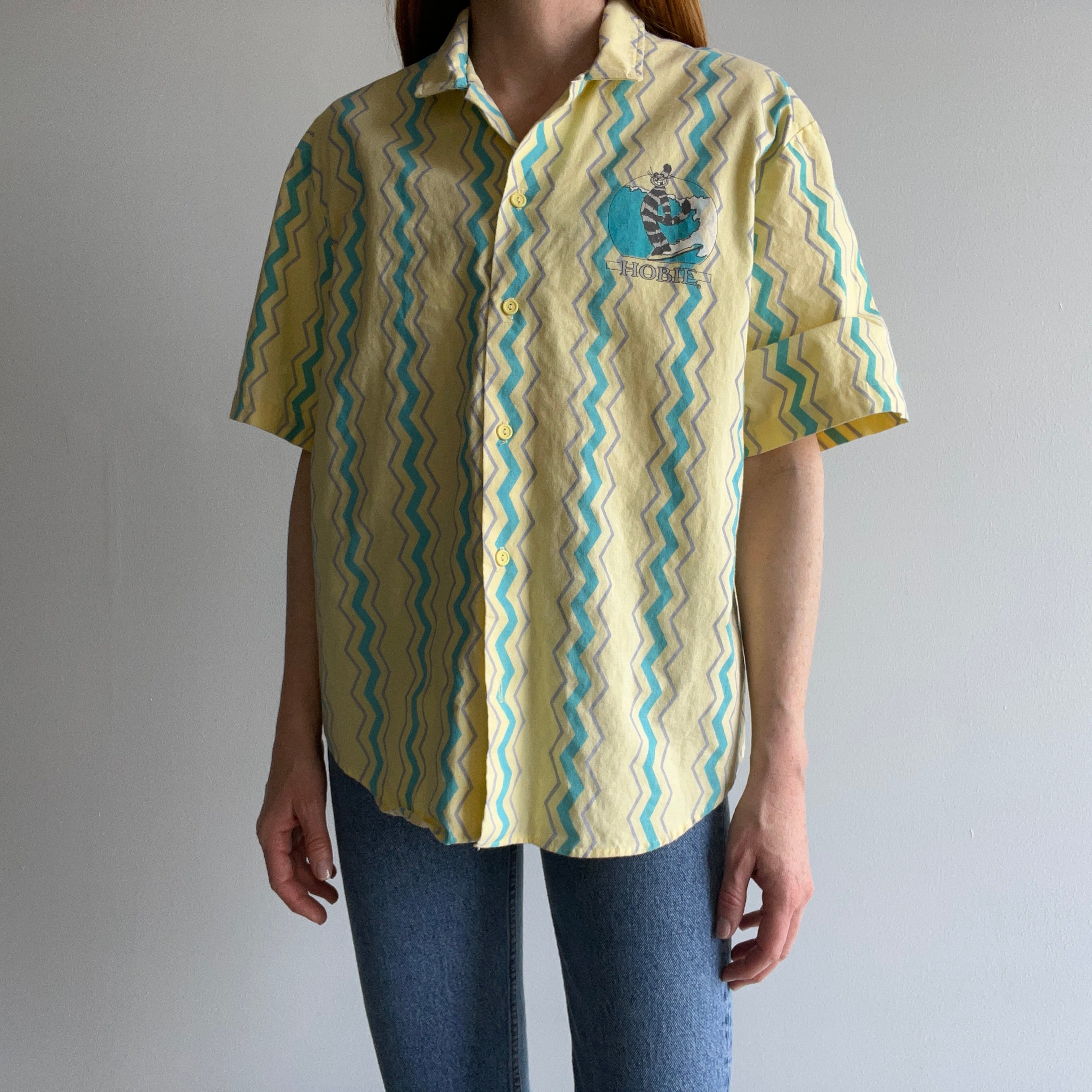 1980s Hobie BACKSIDE!!!!!! Short Sleeve Button Up Cotton T-Shirt - OMFG