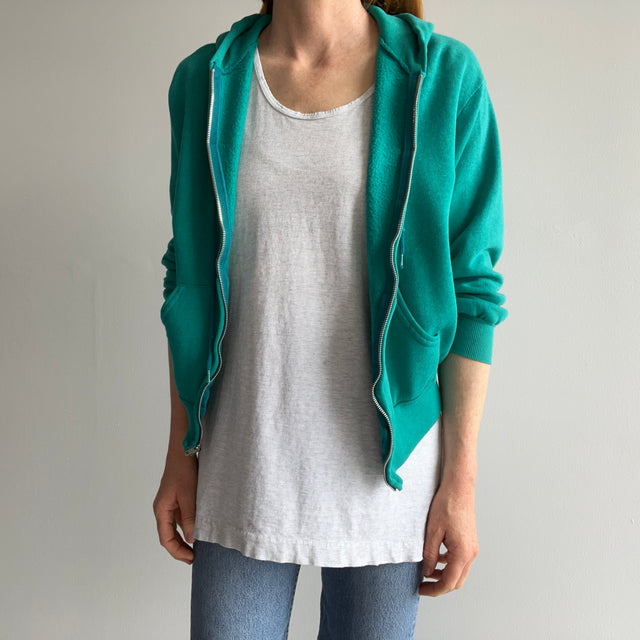 1980s Super Soft - Super, Duper - Teal Zip Up Hoodie