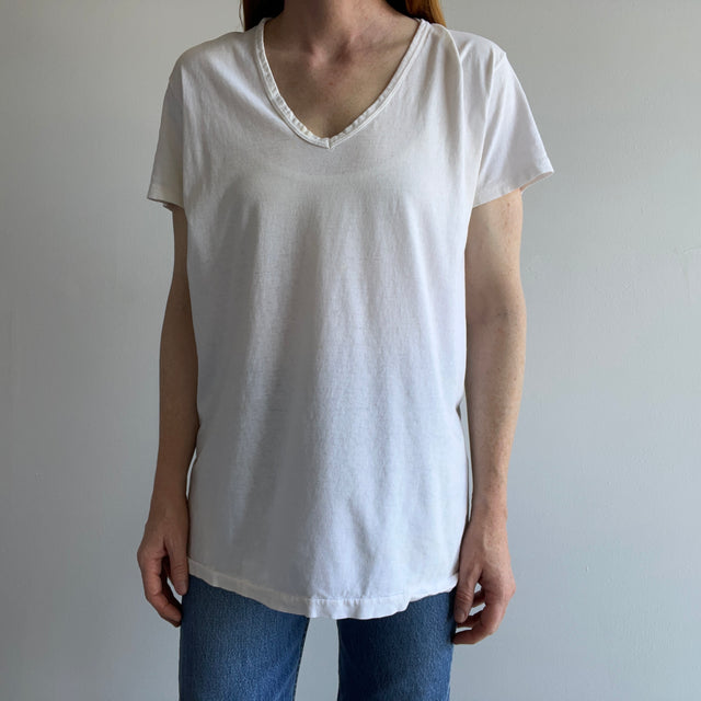 1980s Age Stained and Thin Rolled Neck Hanes "Ecru" White V-Neck