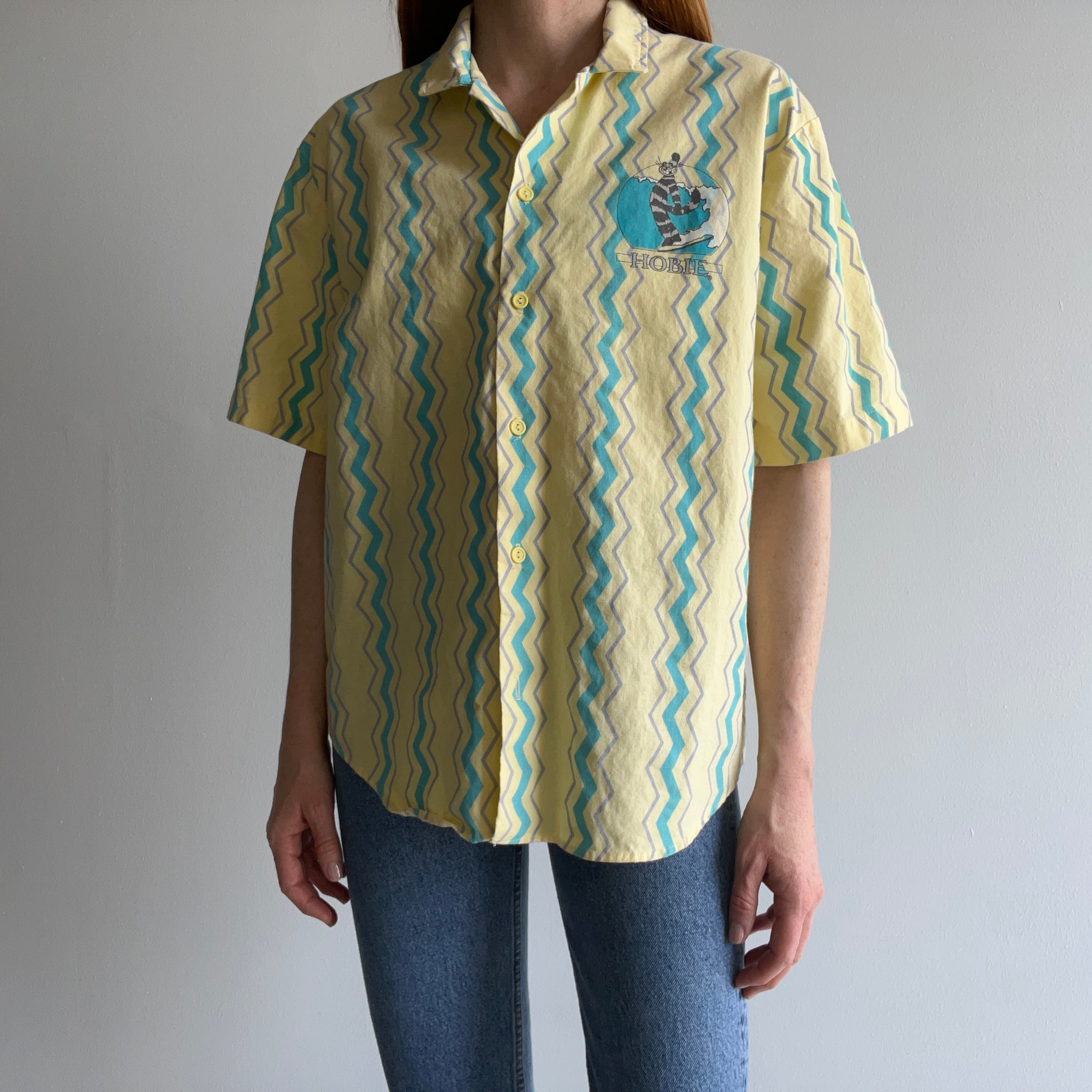 1980s Hobie BACKSIDE!!!!!! Short Sleeve Button Up Cotton T-Shirt - OMFG