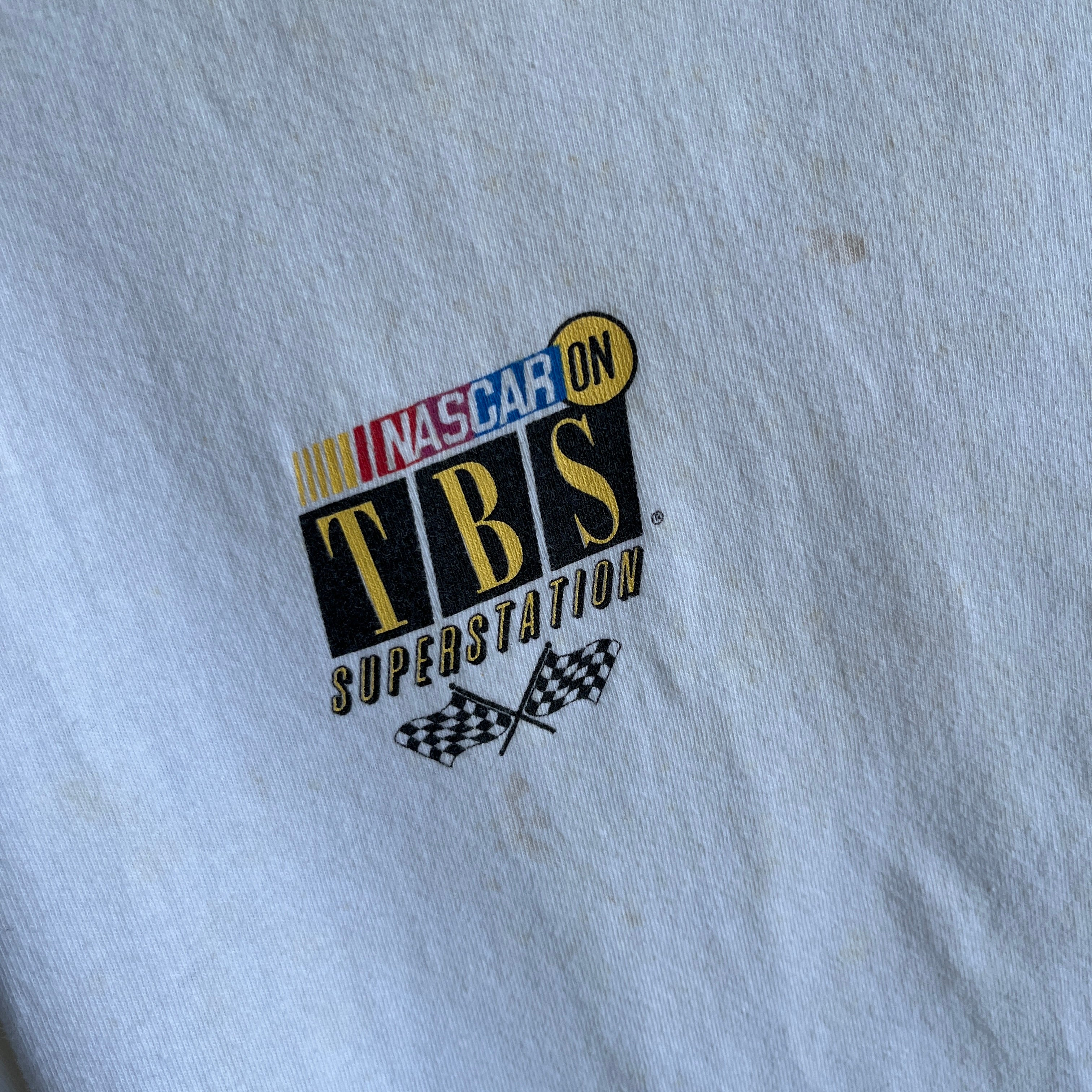 1990s NASCAR on TBS Superstation Wrap Around Cotton T-Shirt - Stained