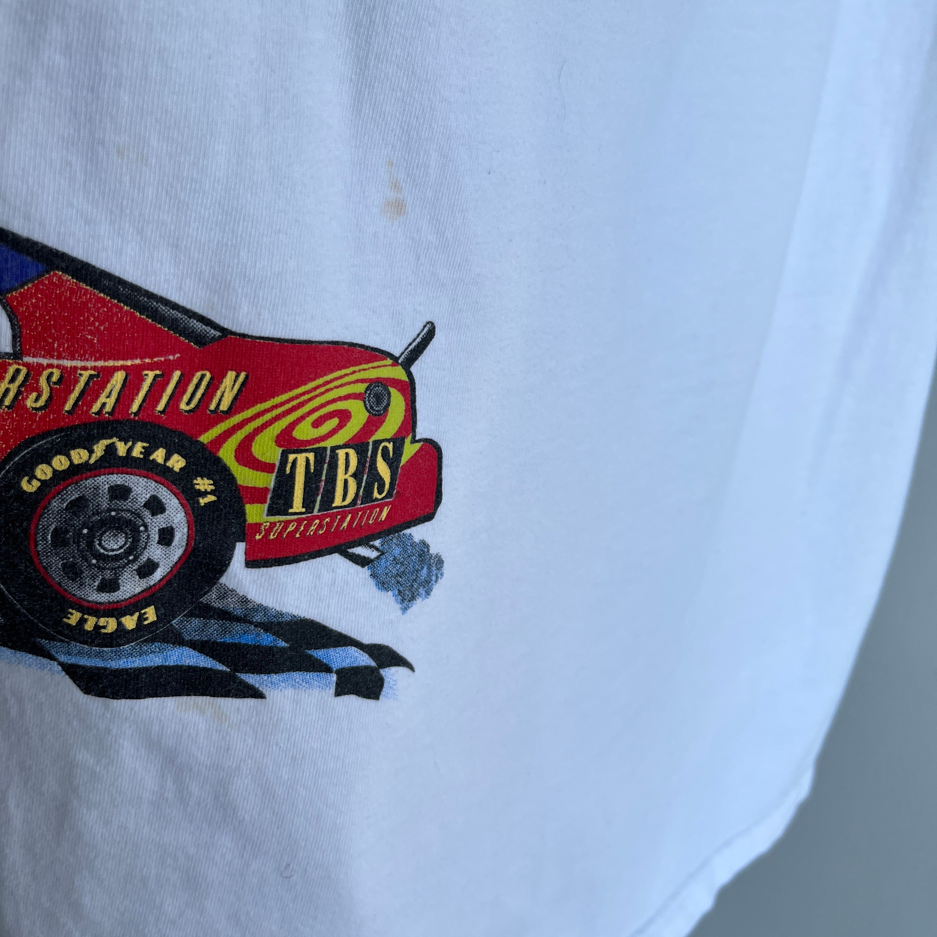 1990s NASCAR on TBS Superstation Wrap Around Cotton T-Shirt - Stained