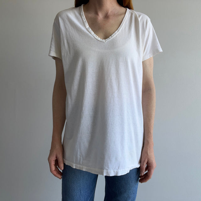 1980s Age Stained and Thin Rolled Neck Hanes "Ecru" White V-Neck