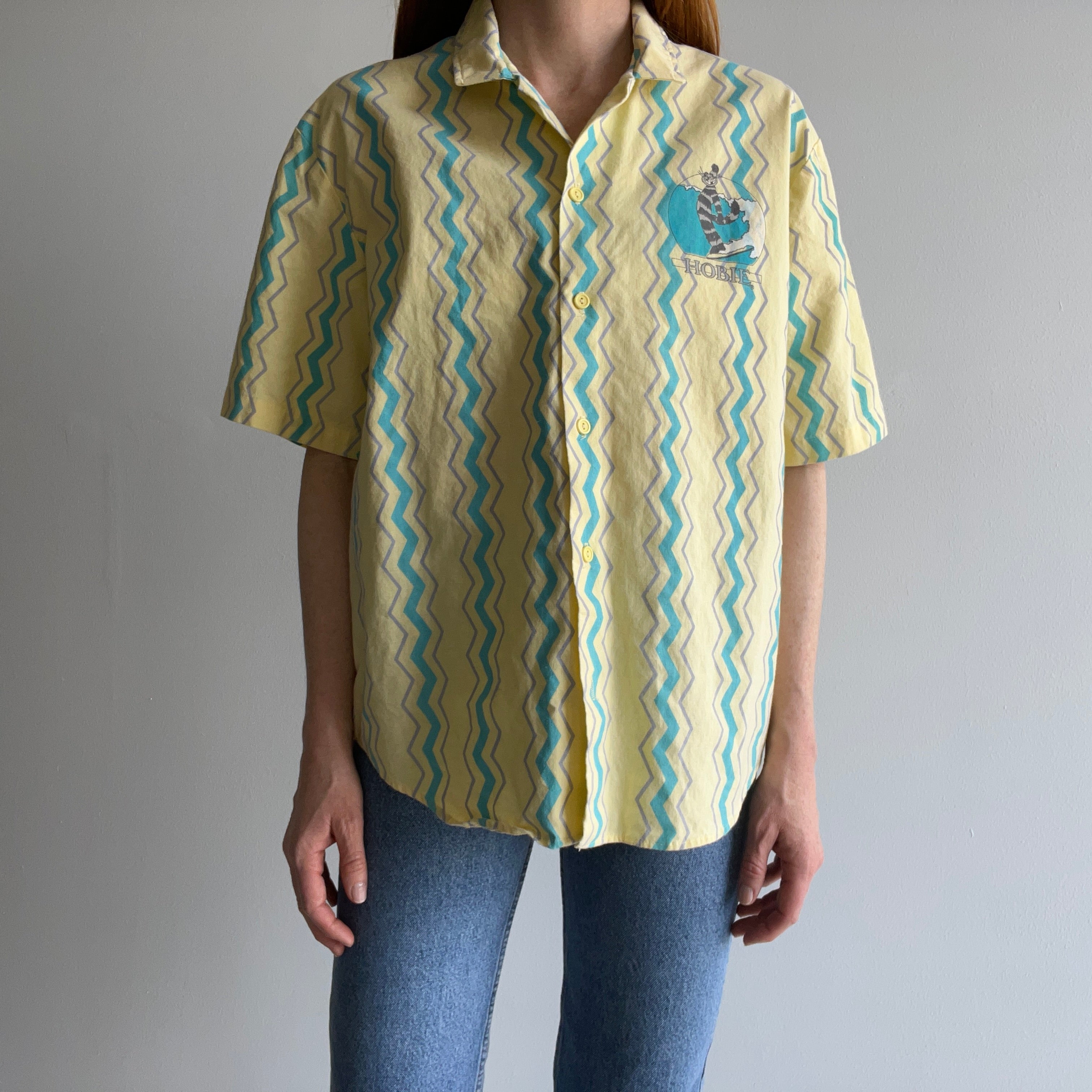 1980s Hobie BACKSIDE!!!!!! Short Sleeve Button Up Cotton T-Shirt - OMFG