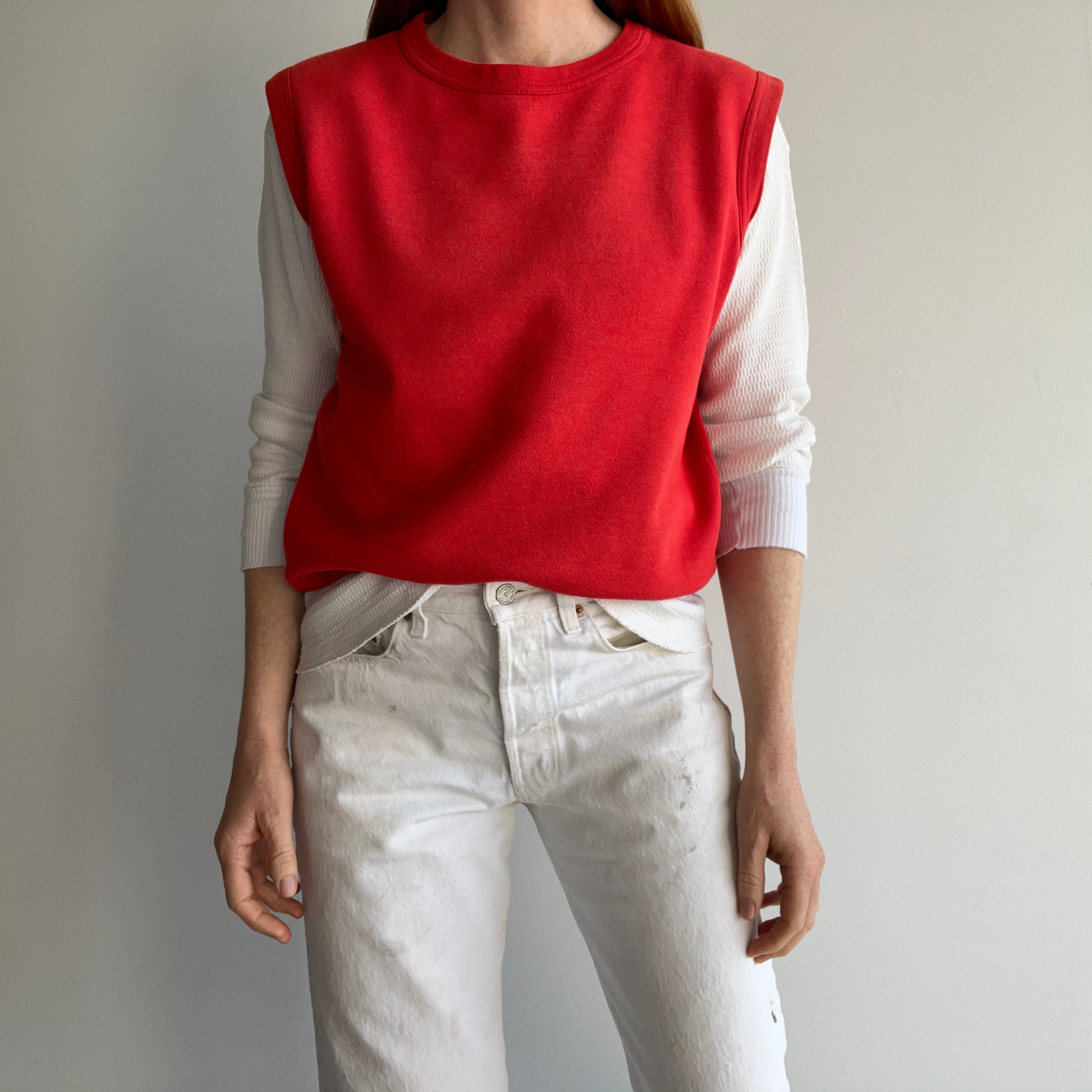1980s Sun Faded Red Warm Up Sweatshirt Vest - YES!!!!