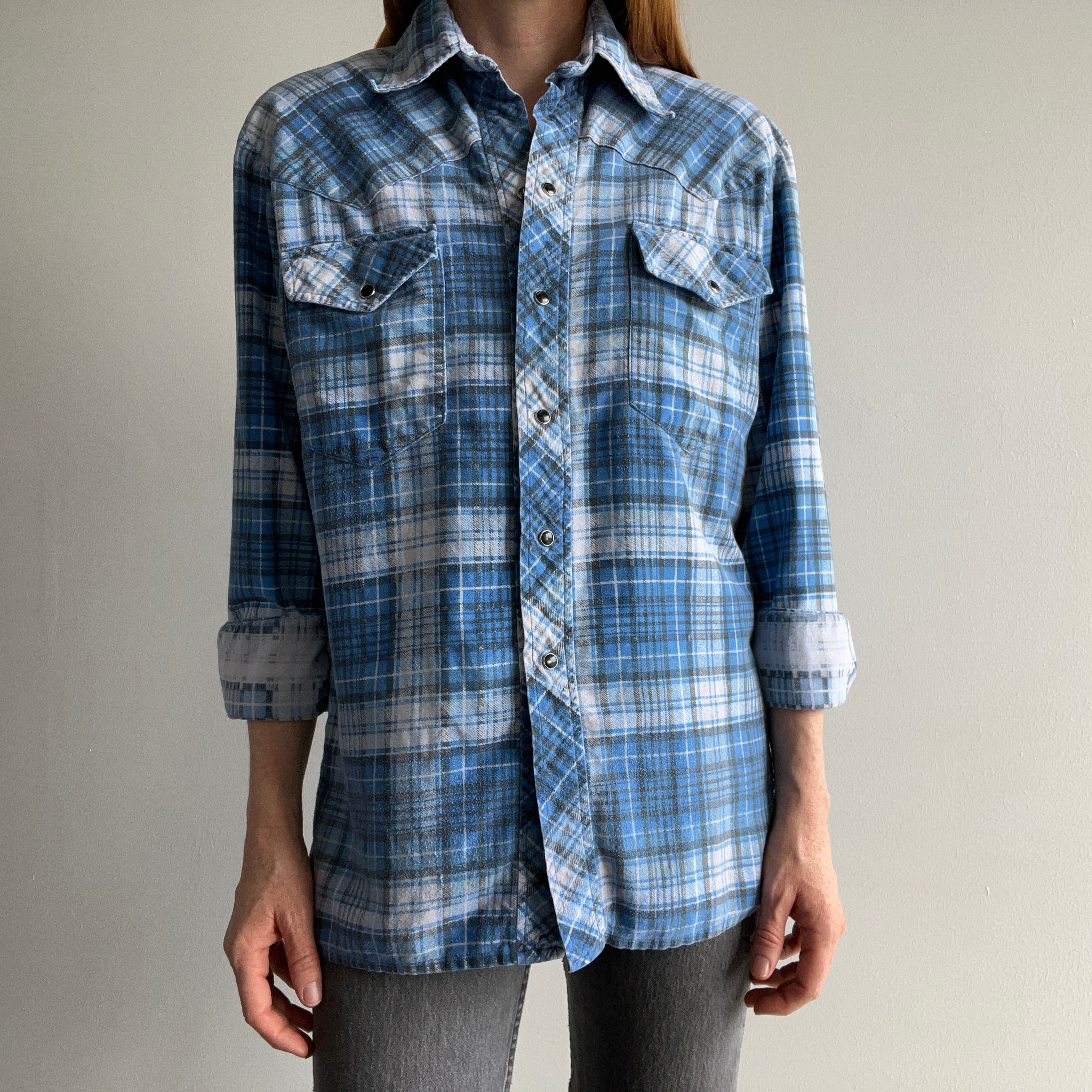 1970s Lightweight Cotton Cowboy Snap Flannel Shirt